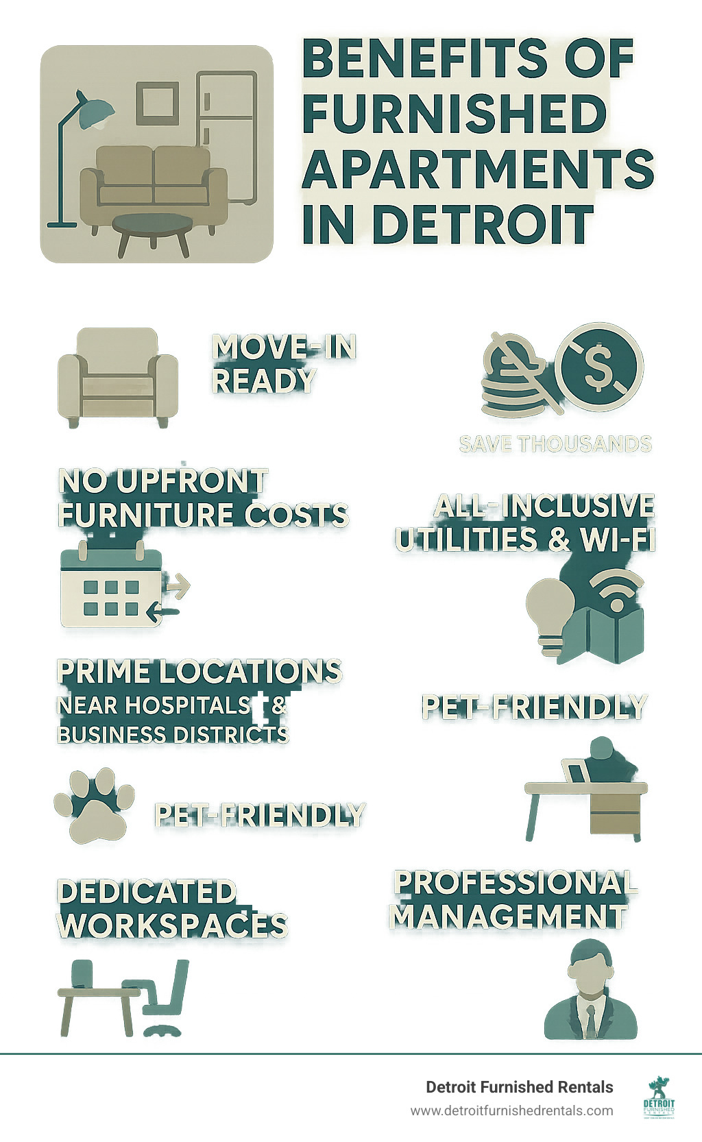 Infographic showing key benefits of furnished apartments in Detroit: immediate move-in ready with furniture and appliances, no upfront furniture costs saving thousands, flexible lease terms from days to months, all-inclusive utilities and high-speed Wi-Fi, prime locations near hospitals and business districts, pet-friendly options available, dedicated workspaces for remote work, and professional management services - furnished apartments Detroit area infographic 
