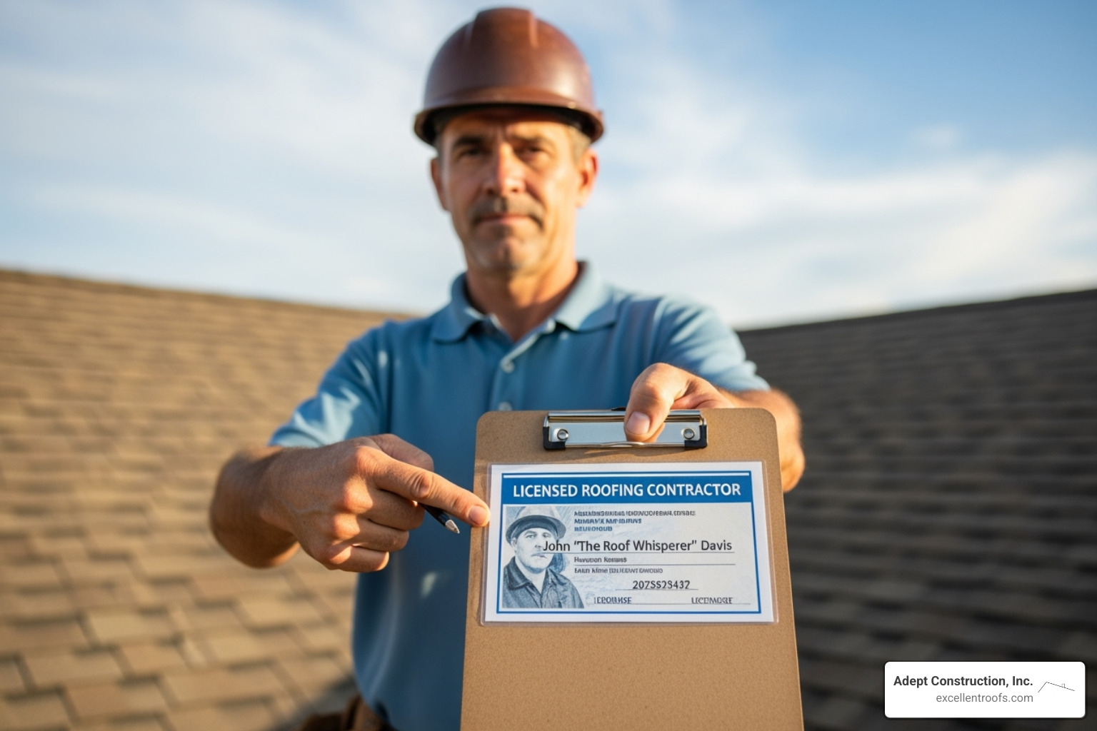A roofer showing their license on a clipboard - roofing near me A roofer showing their license on a clipboard - roofing near me