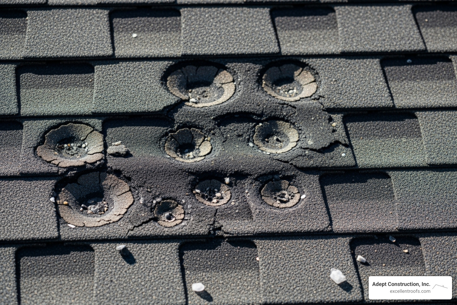 Hail damage on an asphalt shingle - roofing near me Hail damage on an asphalt shingle - roofing near me