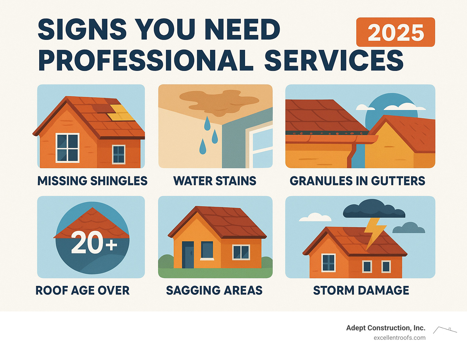 Signs you need professional roofing services including missing shingles, water stains, granules in gutters, roof age over 20 years, sagging areas, and storm damage - roofing near me infographic  Signs you need professional roofing services including missing shingles, water stains, granules in gutters, roof age over 20 years, sagging areas, and storm damage - roofing near me infographic