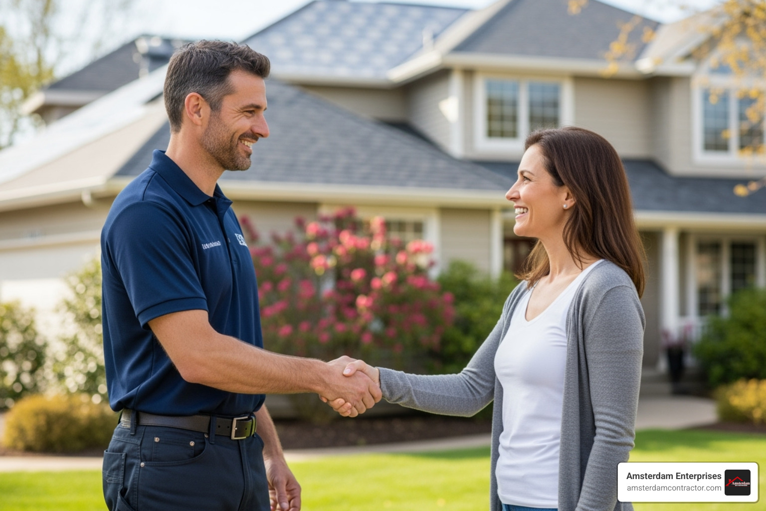 friendly contractor shaking hands with a homeowner - roofing company near me