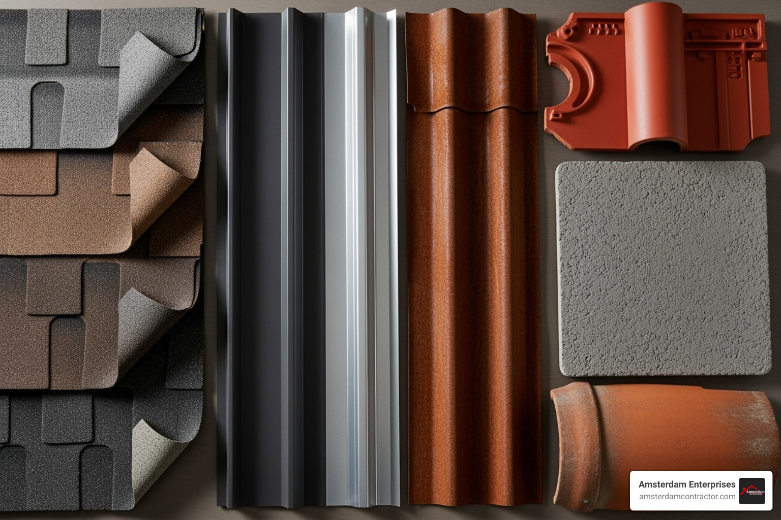 various roofing material samples like asphalt, metal, and tile - roofing company near me