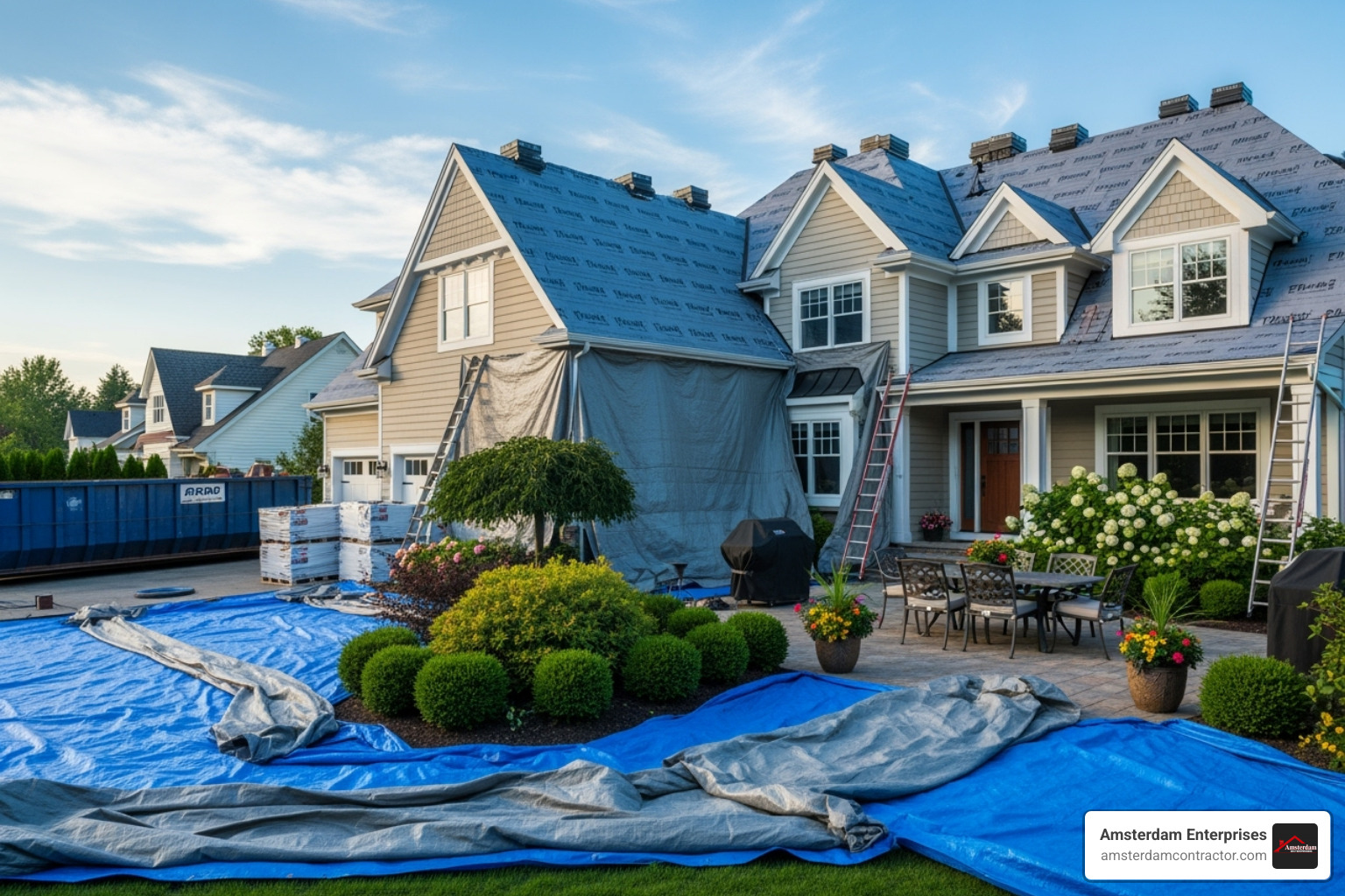 home with the yard prepped for a roofing job - roofing company near me