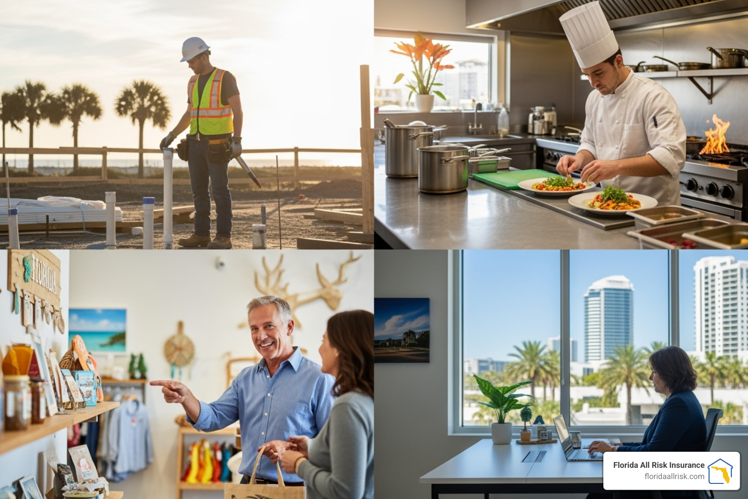 Collage showing insurance needs for Florida's construction, food & beverage, retail, and professional services industries. - small business insurance in florida