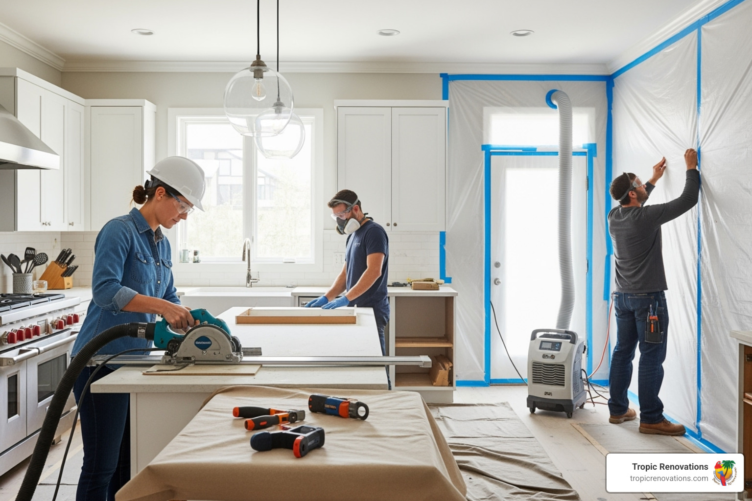 Tropic Renovations team working on a dust-free kitchen remodel - how to choose a home remodeling contractor Tropic Renovations team working on a dust-free kitchen remodel - how to choose a home remodeling contractor