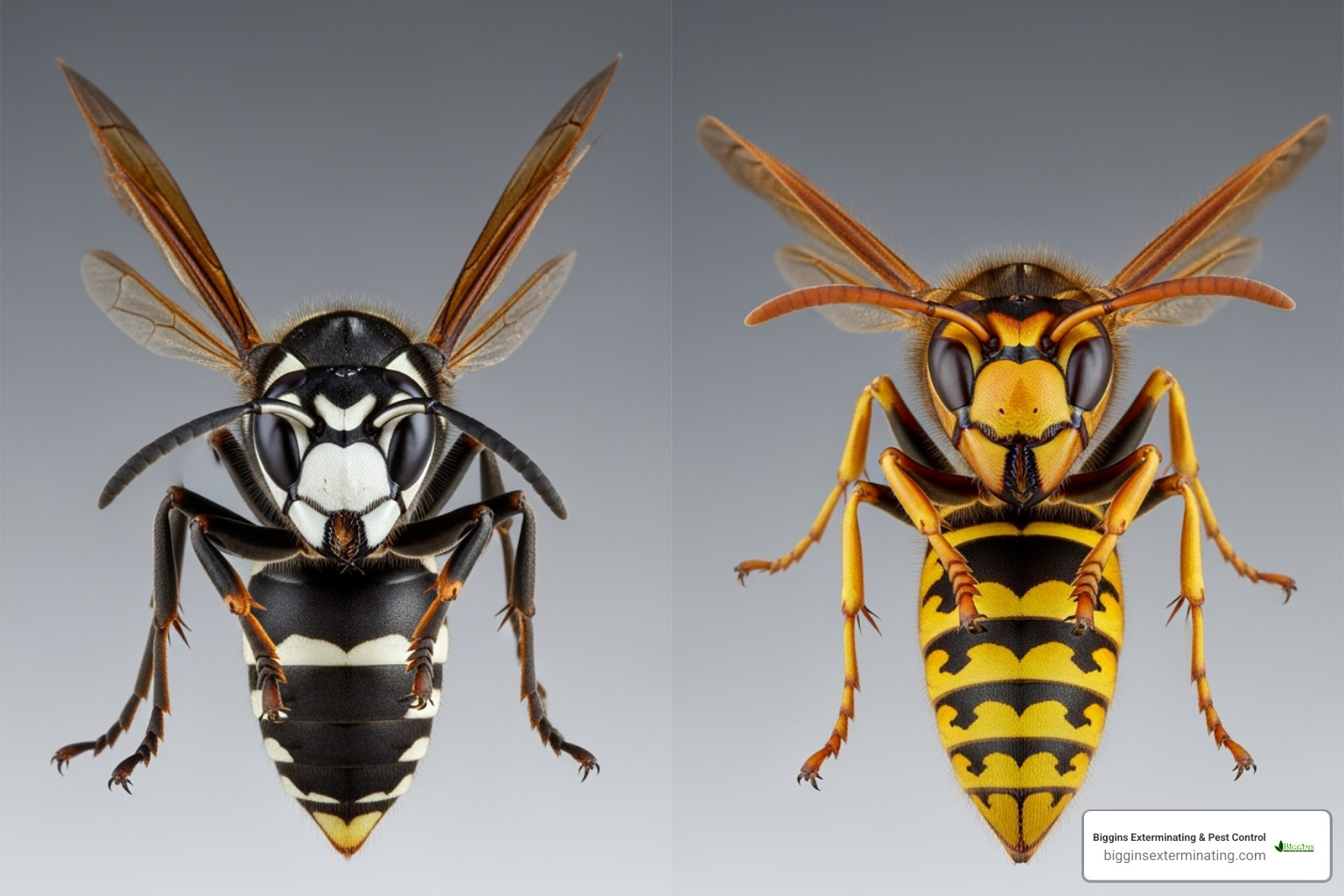 Bald-Faced Hornet and European Hornet side-by-side - best way to get rid of hornets nest on house Bald-Faced Hornet and European Hornet side-by-side - best way to get rid of hornets nest on house
