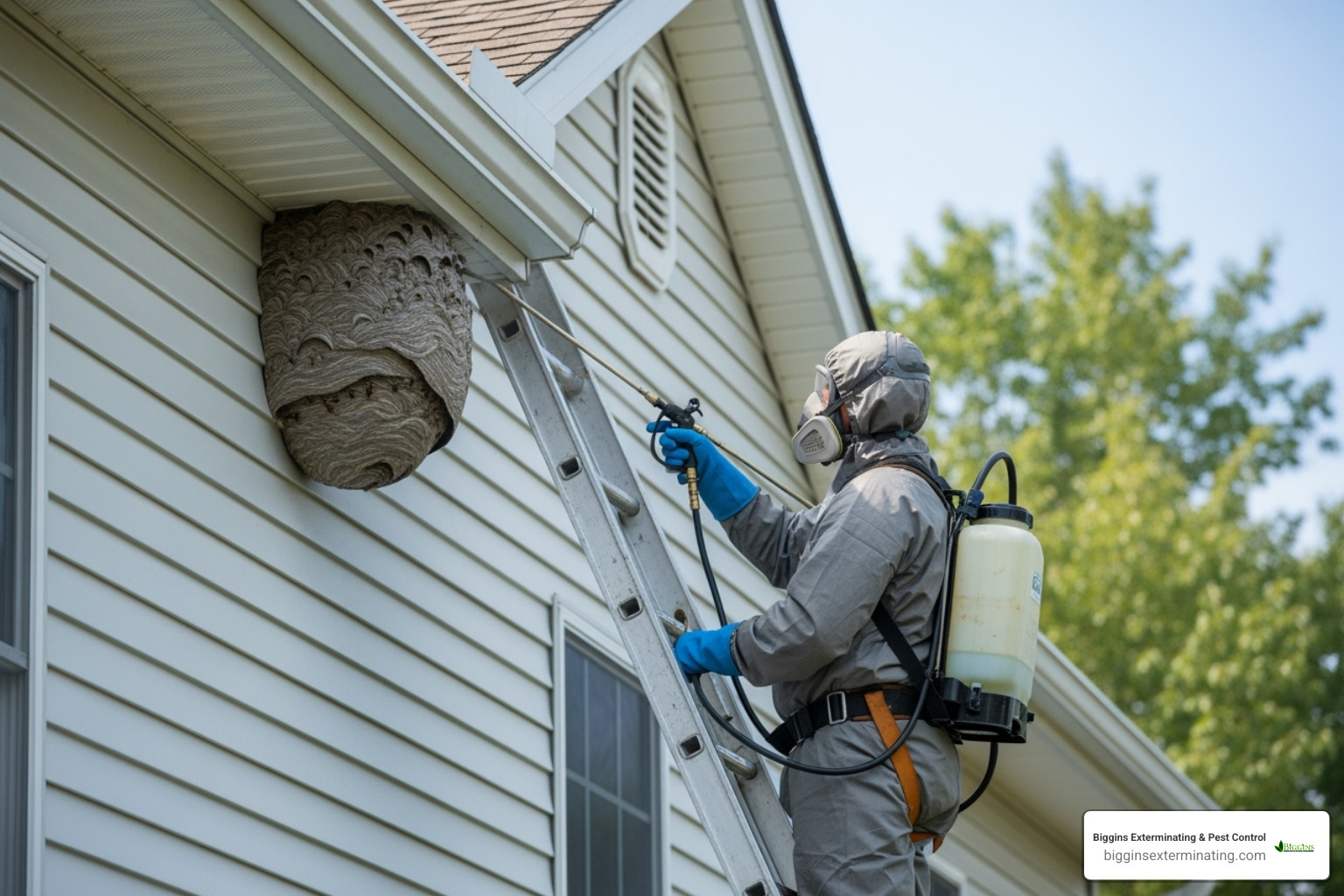 professional pest control technician safely treating a large hornet nest on a two-story house - best way to get rid of hornets nest on house professional pest control technician safely treating a large hornet nest on a two-story house - best way to get rid of hornets nest on house