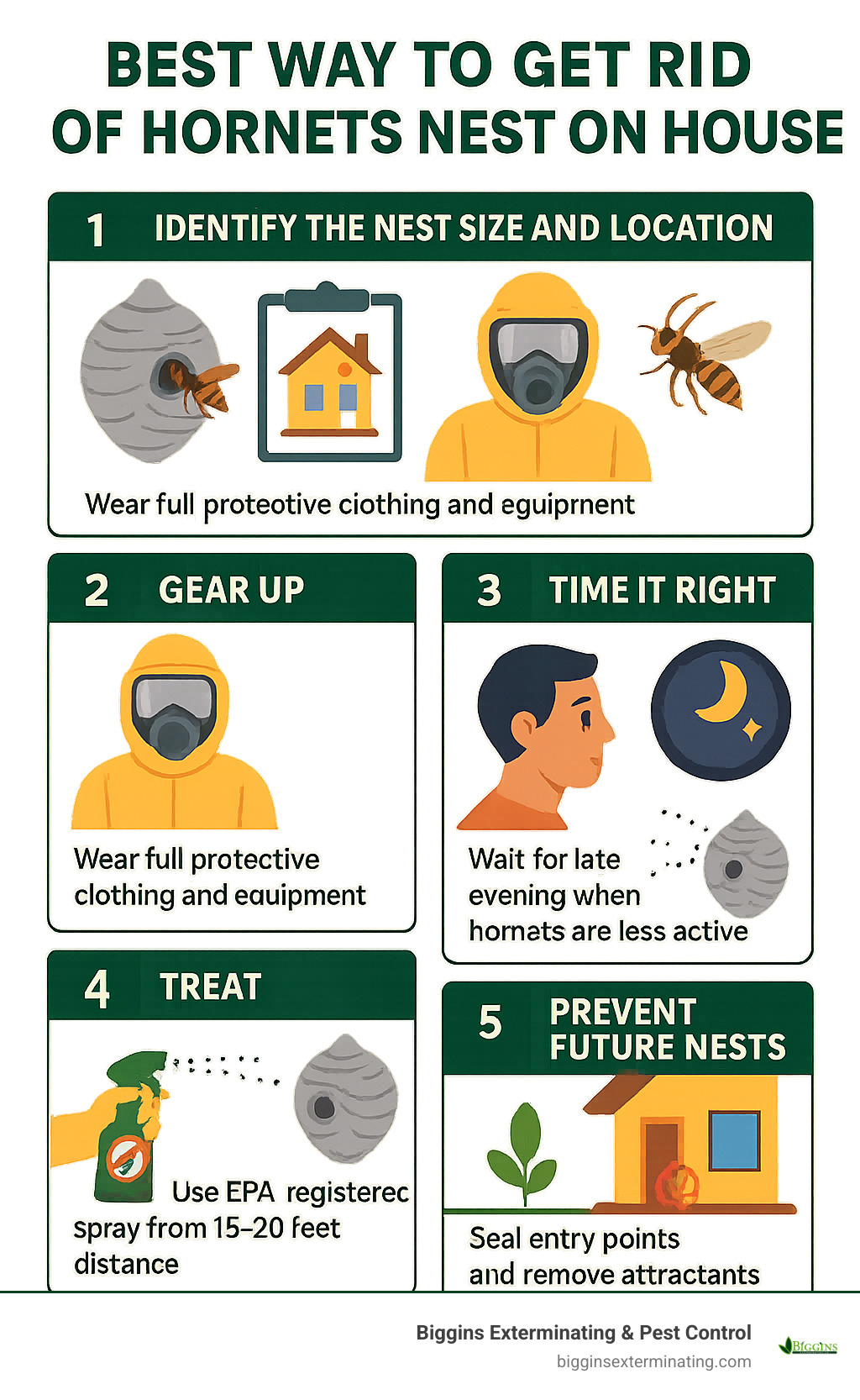 Infographic showing 5 key steps for safe hornet nest removal: Step 1 - Identify the nest size and location, Step 2 - Gear up with full protective clothing and equipment, Step 3 - Time it right by waiting for late evening when hornets are less active, Step 4 - Treat with EPA-registered spray from 15-20 feet distance, Step 5 - Prevent future nests by sealing entry points and removing attractants - best way to get rid of hornets nest on house infographic Infographic showing 5 key steps for safe hornet nest removal: Step 1 - Identify the nest size and location, Step 2 - Gear up with full protective clothing and equipment, Step 3 - Time it right by waiting for late evening when hornets are less active, Step 4 - Treat with EPA-registered spray from 15-20 feet distance, Step 5 - Prevent future nests by sealing entry points and removing attractants - best way to get rid of hornets nest on house infographic