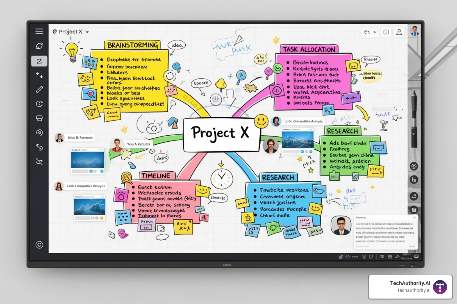 Miro board showing a collaborative mind map with sticky notes and various elements - mind map free download
