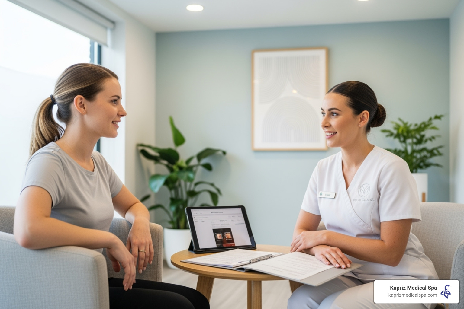 patient consulting with a friendly aesthetician - skin rejuvenation treatment benefits patient consulting with a friendly aesthetician - skin rejuvenation treatment benefits