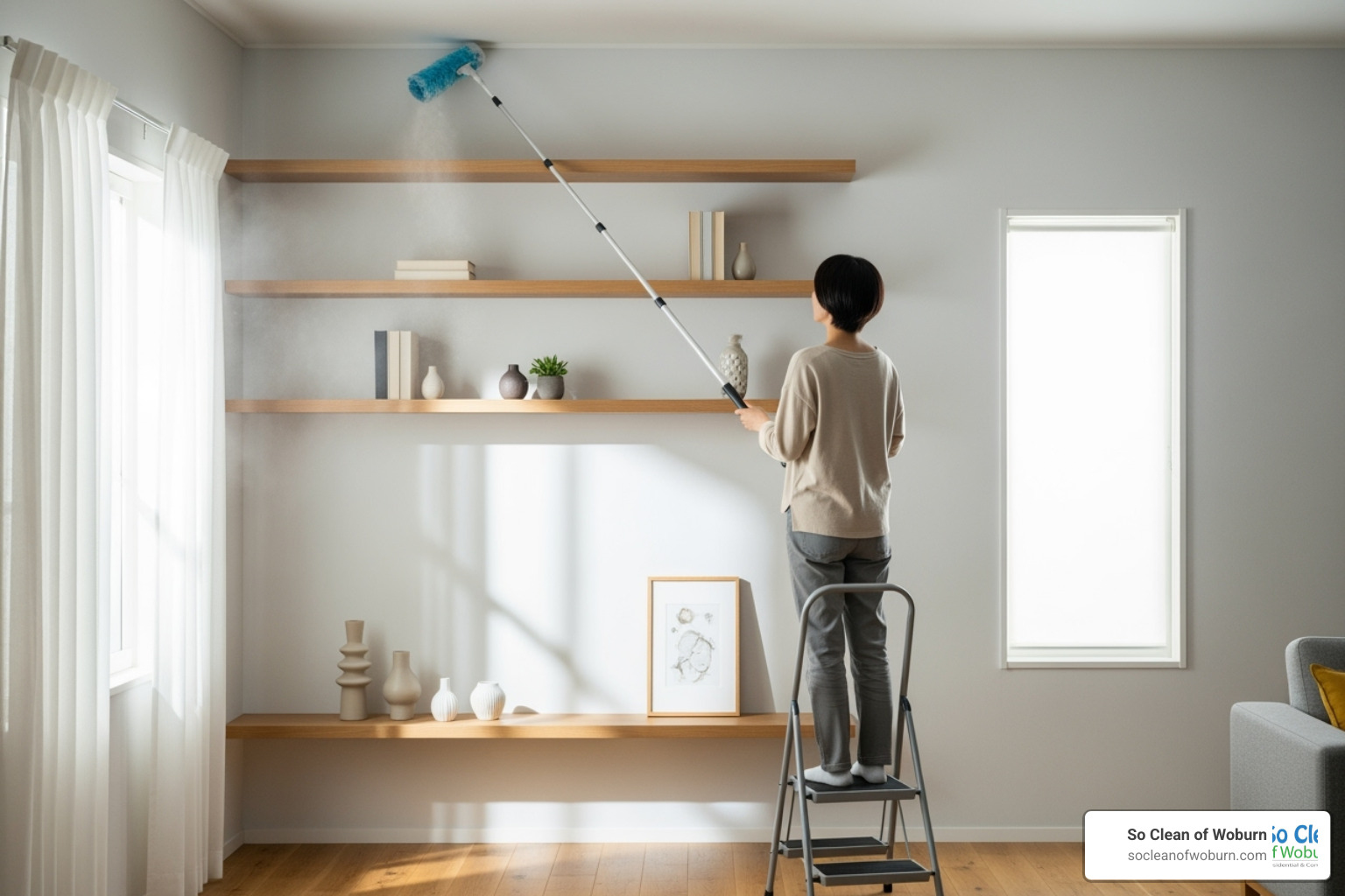 person dusting a high shelf, demonstrating the top-to-bottom method - deep clean flat person dusting a high shelf, demonstrating the top-to-bottom method - deep clean flat