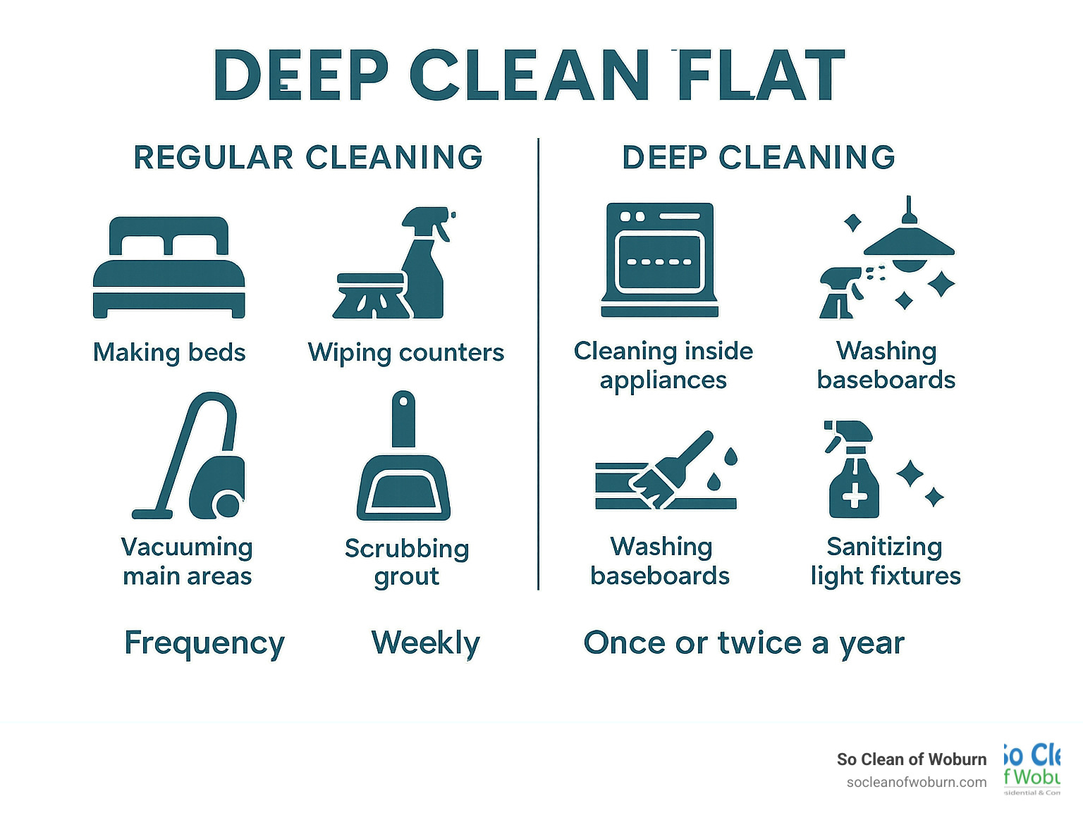 Comprehensive comparison infographic showing the difference between regular cleaning tasks (making beds, wiping counters, vacuuming main areas) versus deep cleaning tasks (scrubbing grout, cleaning inside appliances, washing baseboards, sanitizing light fixtures), with recommended frequencies and time commitments for each type of cleaning - deep clean flat infographic Comprehensive comparison infographic showing the difference between regular cleaning tasks (making beds, wiping counters, vacuuming main areas) versus deep cleaning tasks (scrubbing grout, cleaning inside appliances, washing baseboards, sanitizing light fixtures), with recommended frequencies and time commitments for each type of cleaning - deep clean flat infographic