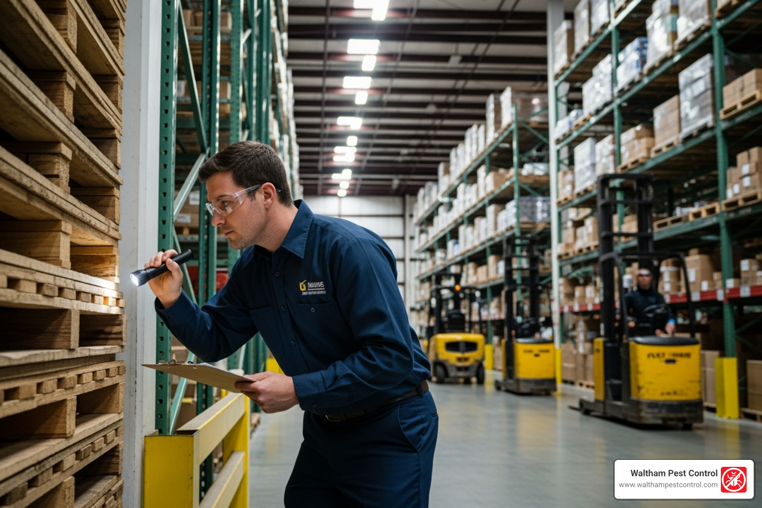 A pest control technician inspecting a large warehouse with shelving units and forklifts - how much does commercial pest control cost