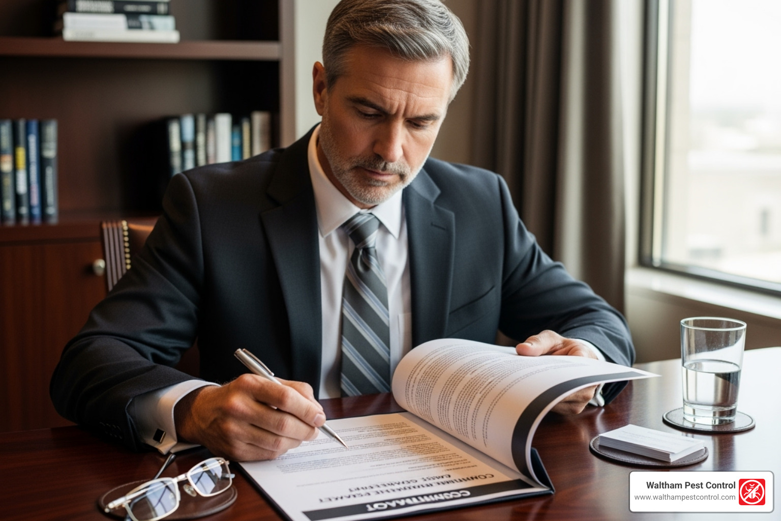 A business owner in a suit and tie reviewing a commercial pest control contract with a pen in hand, sitting at a desk - how much does commercial pest control cost