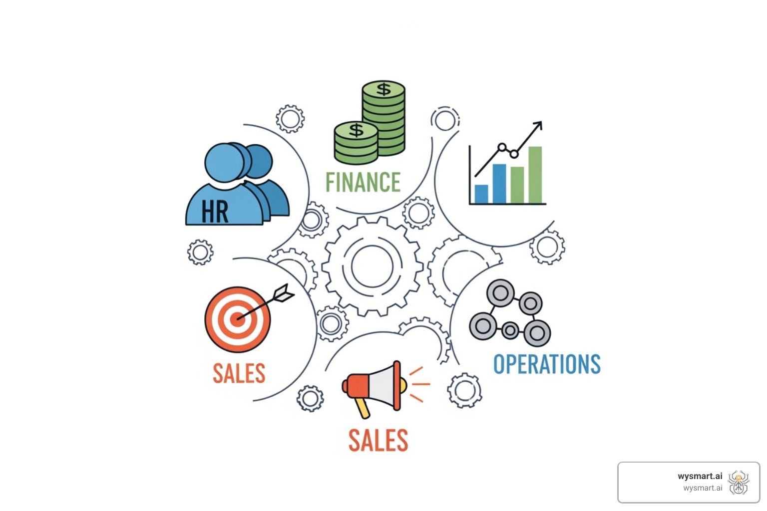 Department icons connected by automation gears - how does business process automation work