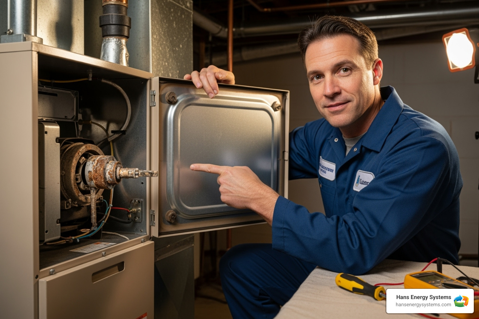 A technician pointing to a worn-out part inside a furnace, highlighting the importance of professional inspection. - heating repair