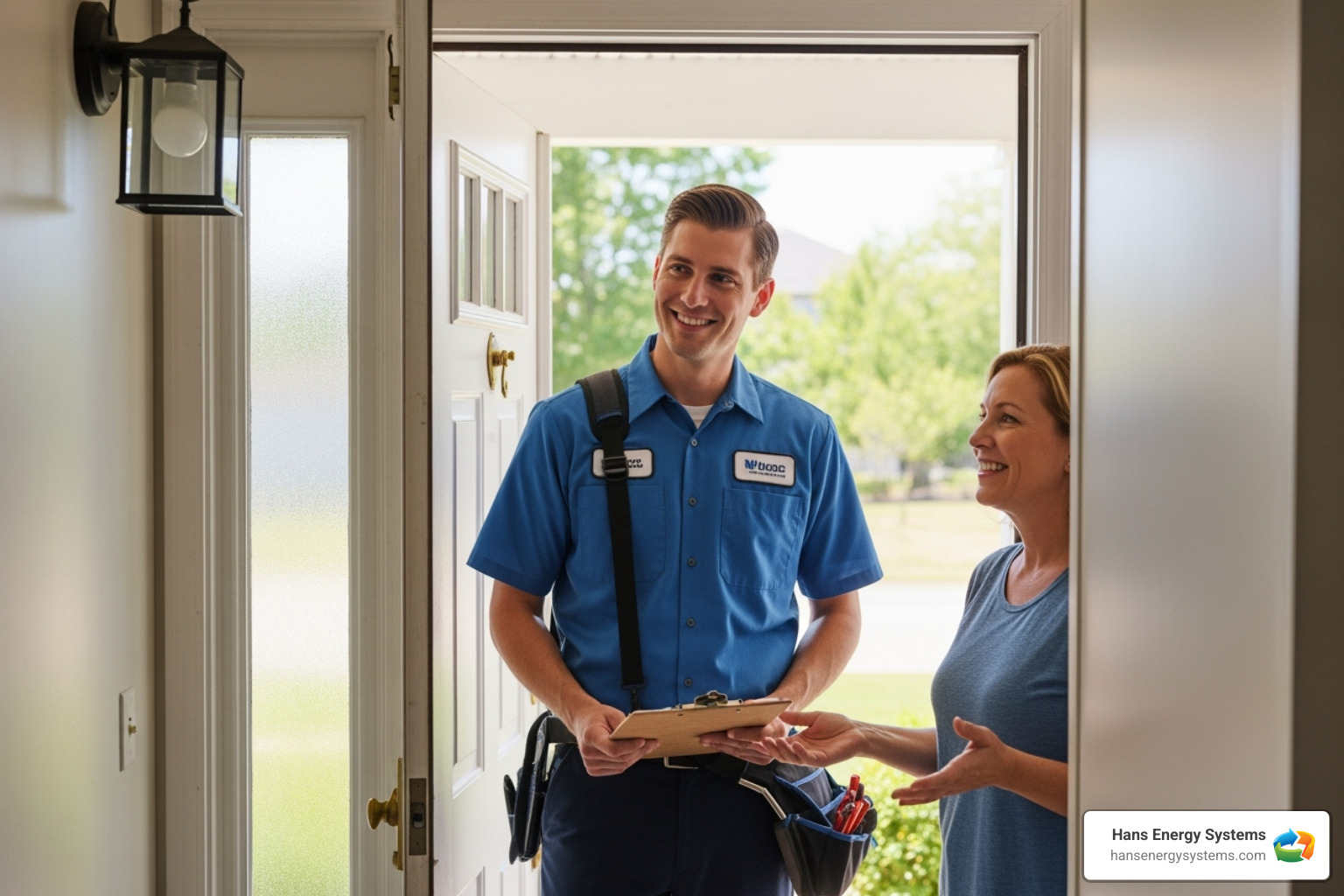 A friendly, uniformed HVAC technician at a customer's door, ready to provide service. - heating repair