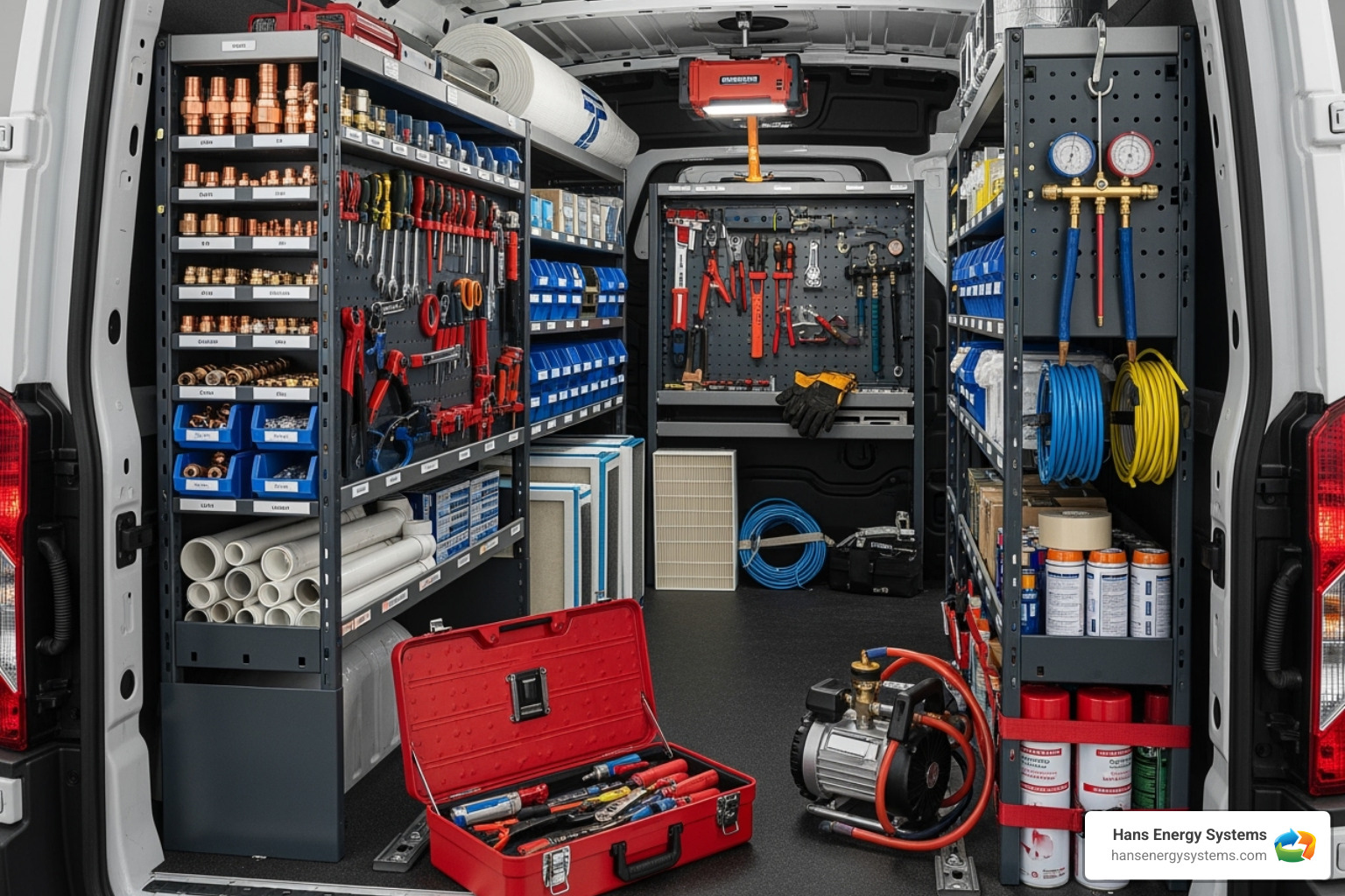 A technician's van stocked with various HVAC parts, ready for any repair. - heating repair