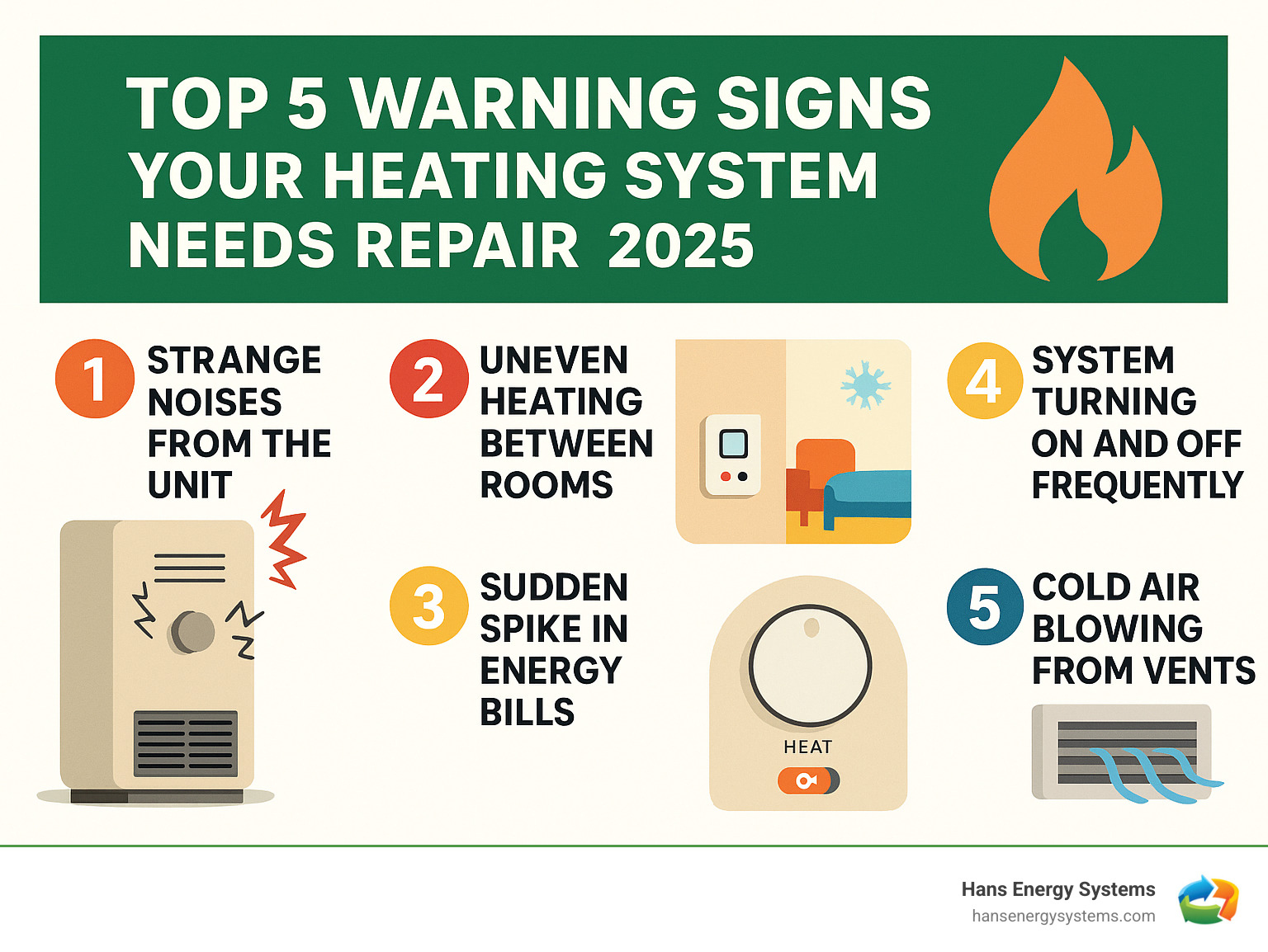 Infographic showing the top 5 warning signs that your heating system needs immediate attention: 1) Strange noises from the unit, 2) Uneven heating between rooms, 3) Sudden spike in energy bills, 4) System turning on and off frequently, 5) Cold air blowing from vents when heat is requested - heating repair infographic 