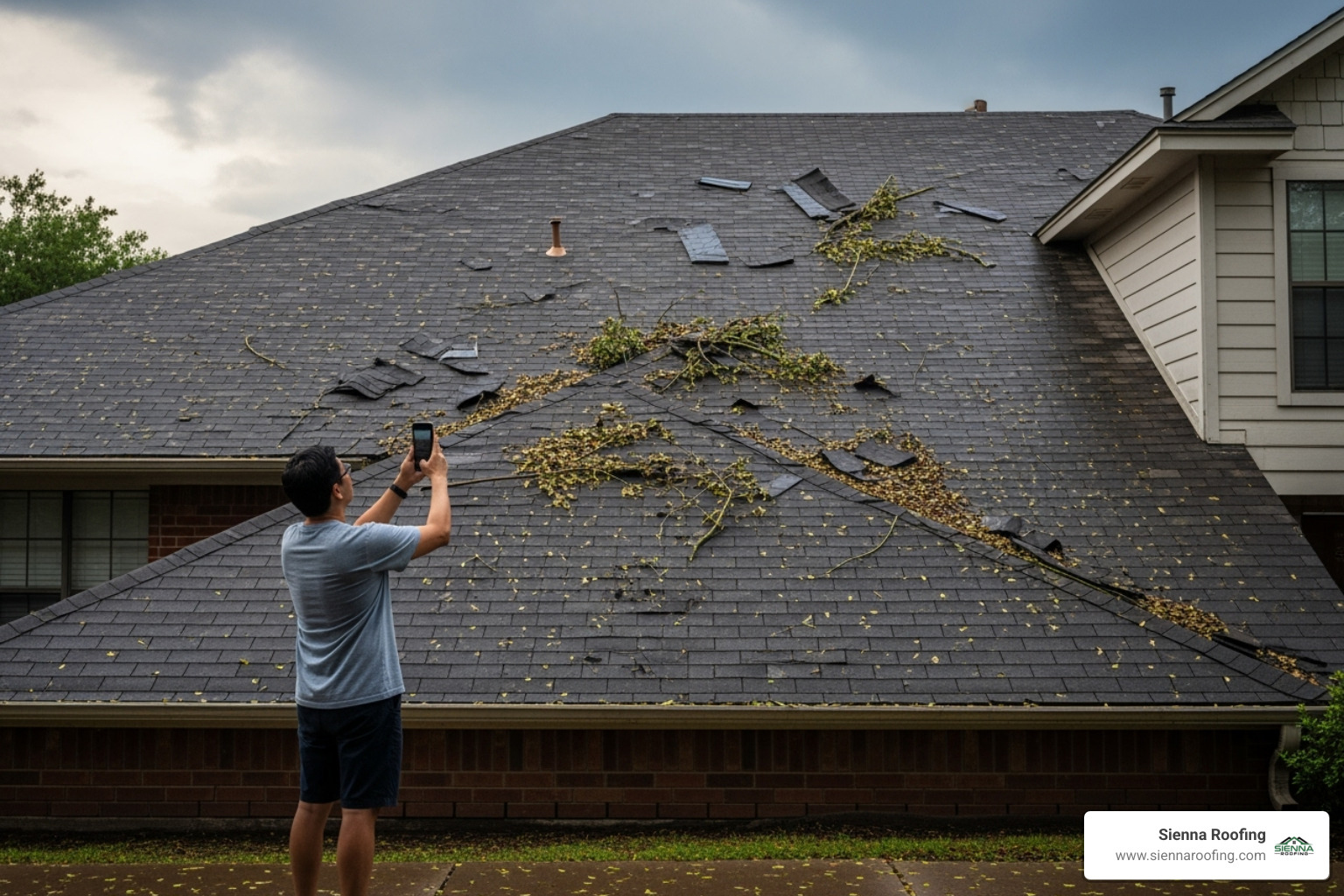 homeowner taking photos of damaged roof - storm damage Houston