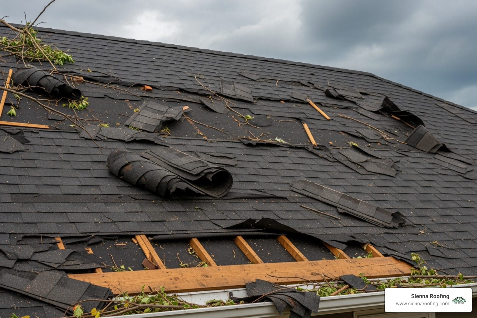 roof with missing and damaged shingles - storm damage Houston