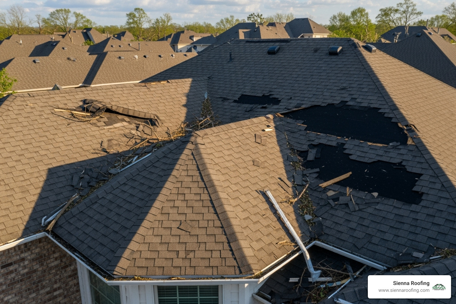 An aerial view of a residential roof clearly showing multiple areas with missing and severely damaged asphalt shingles, indicating significant storm impact. - storm damage Houston