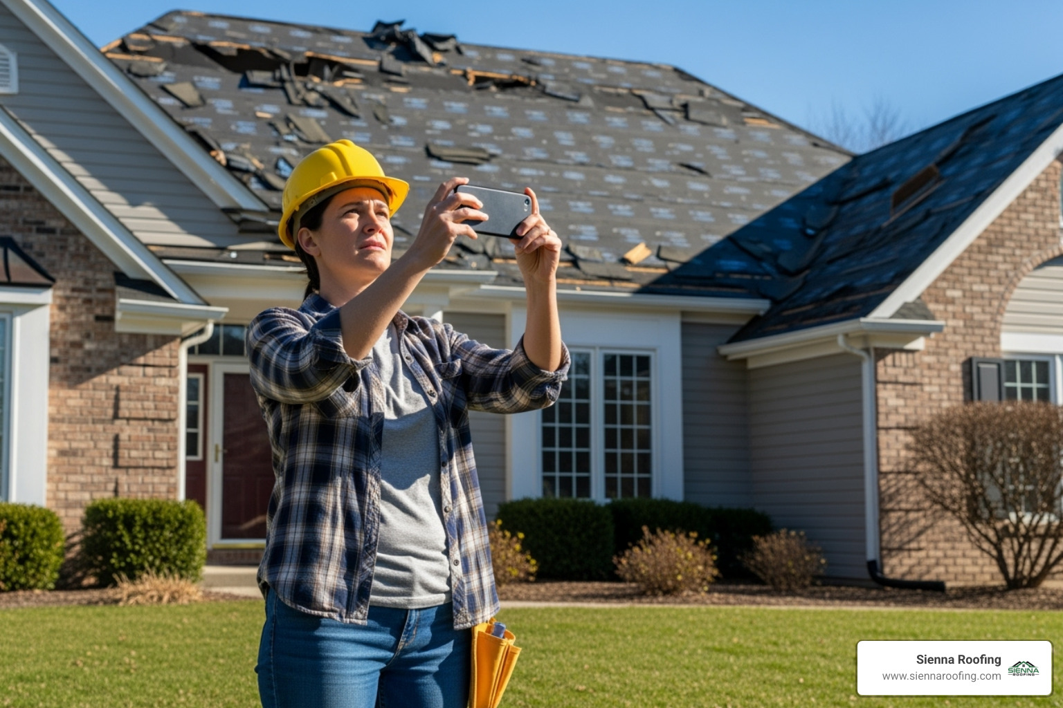 A homeowner, wearing a hard hat, carefully taking photos of their damaged roof with a smartphone from the ground, ensuring they capture every detail for insurance purposes. - storm damage Houston