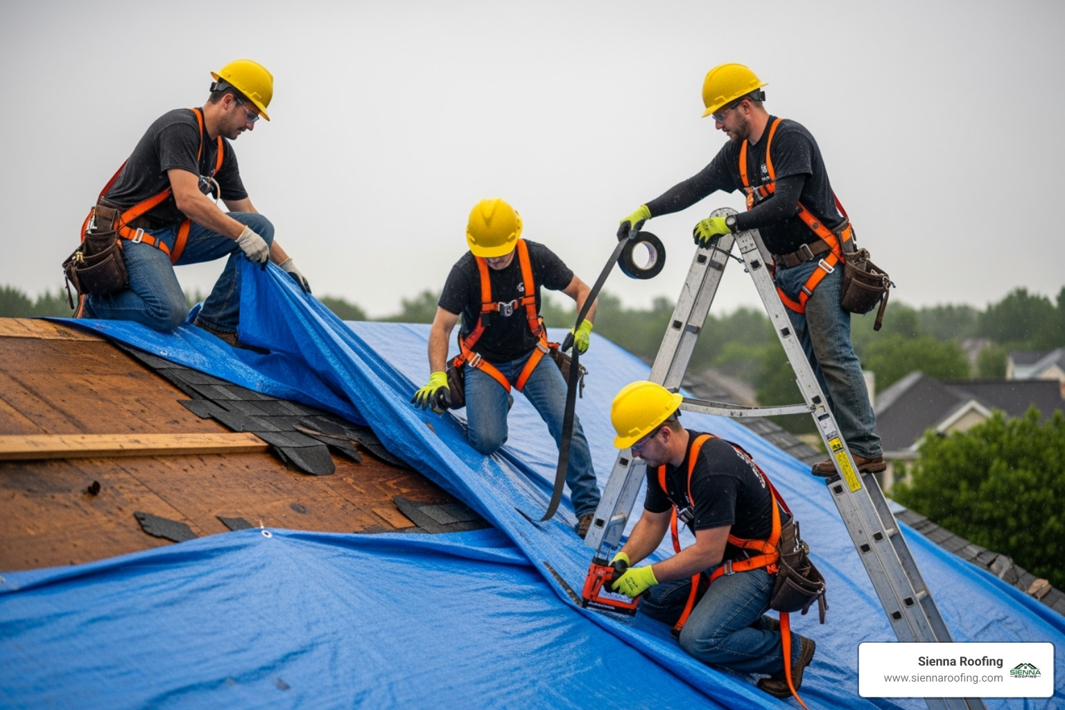 A roofing crew, wearing proper safety harnesses and hard hats, carefully tarping a section of a storm-damaged roof to prevent further water intrusion. - storm damage Houston