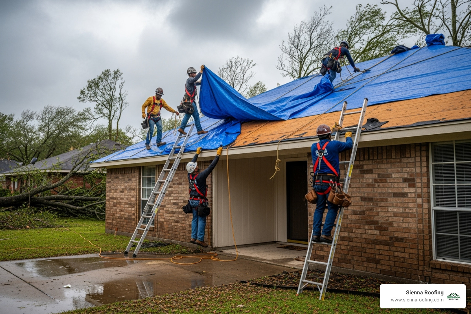 roofing crew tarping damaged roof - storm damage Houston