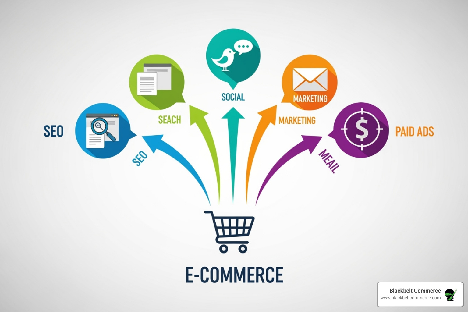 A multi-channel marketing campaign for a new e-commerce store, showing icons for SEO, social media, email marketing, and paid ads, all funneling towards a shopping cart - E-commerce project management
