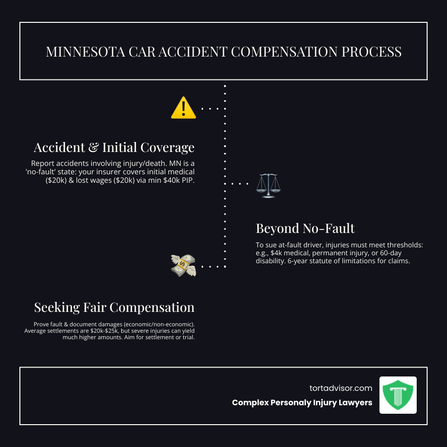 Infographic showing the car accident compensation process in Minnesota, including the no-fault insurance system with $40,000 minimum PIP coverage, the 6-year statute of limitations for personal injury claims, common settlement ranges from $20,000-$25,000 for average cases with potential for much higher amounts in severe injury cases, and the step-by-step process from accident reporting to final settlement or trial verdict - car accident compensation attorney infographic infographic-line-3-steps-dark