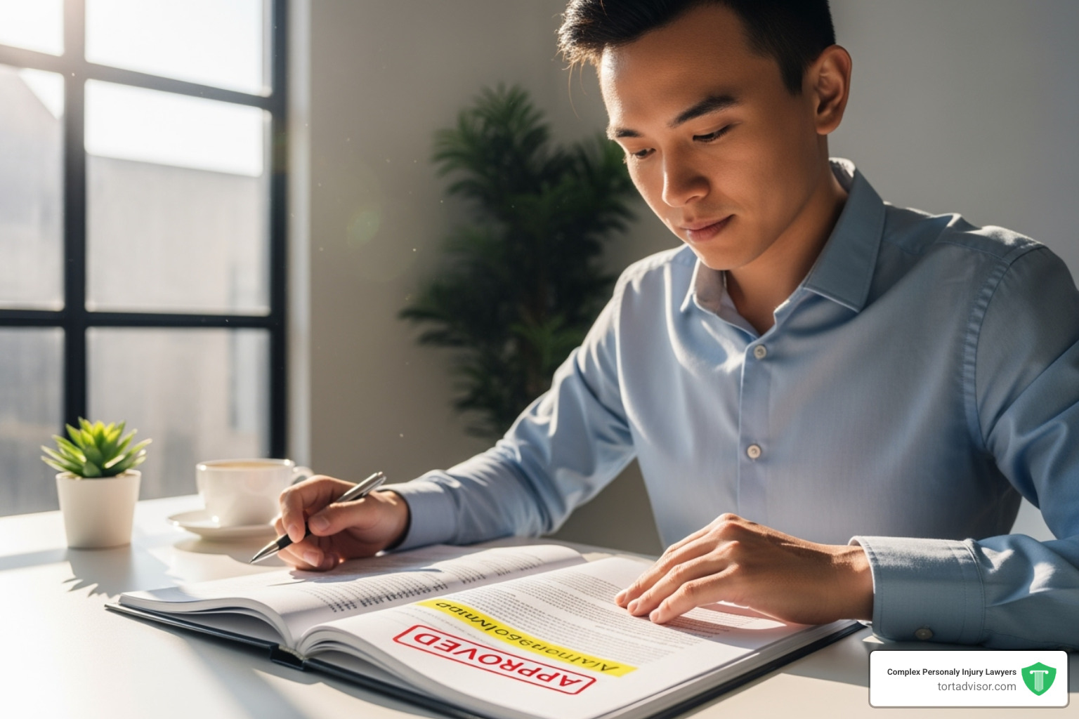 A person looking relieved while reviewing legal documents. - car accident compensation attorney