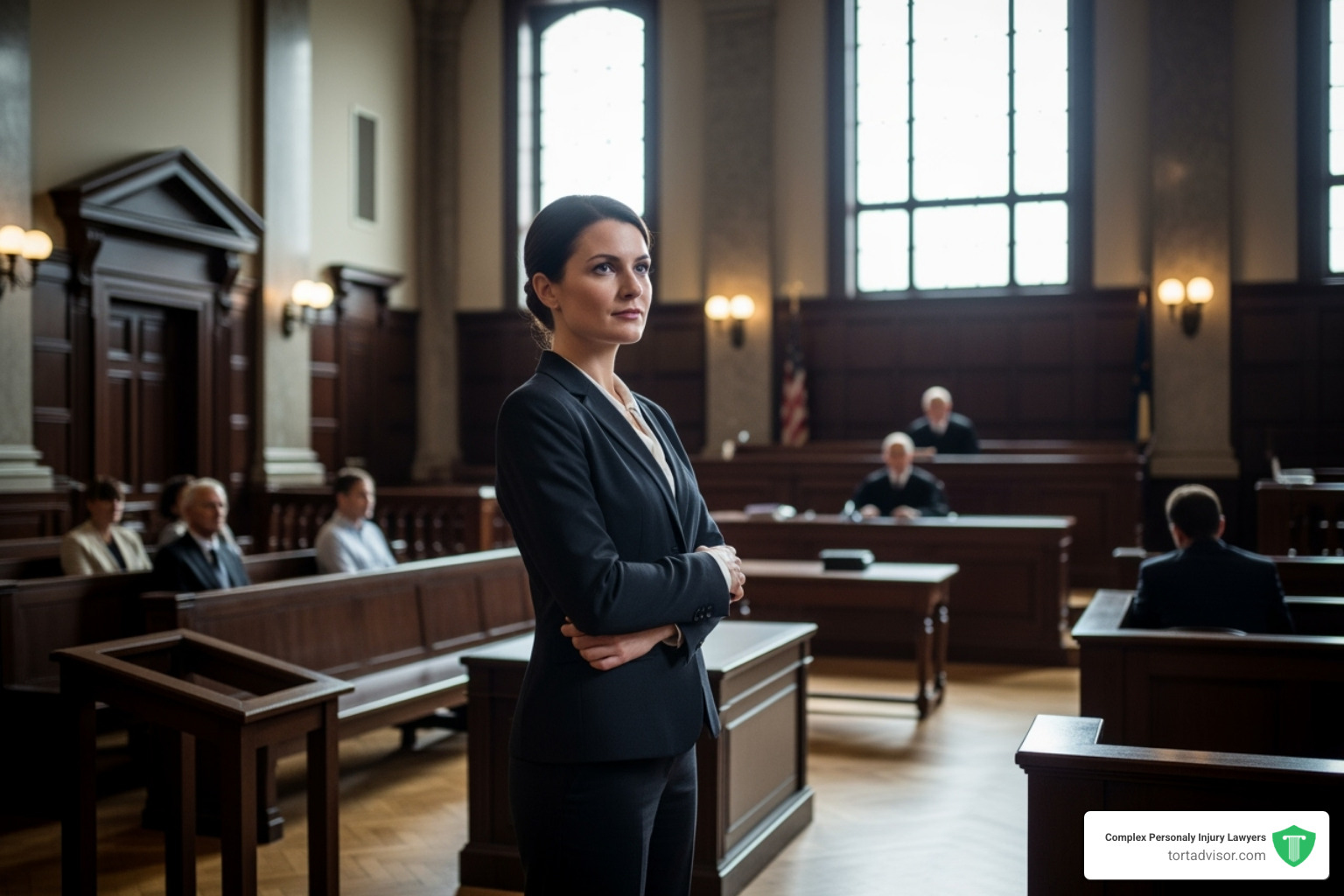A confident and professional-looking lawyer in a courtroom. - car accident compensation attorney