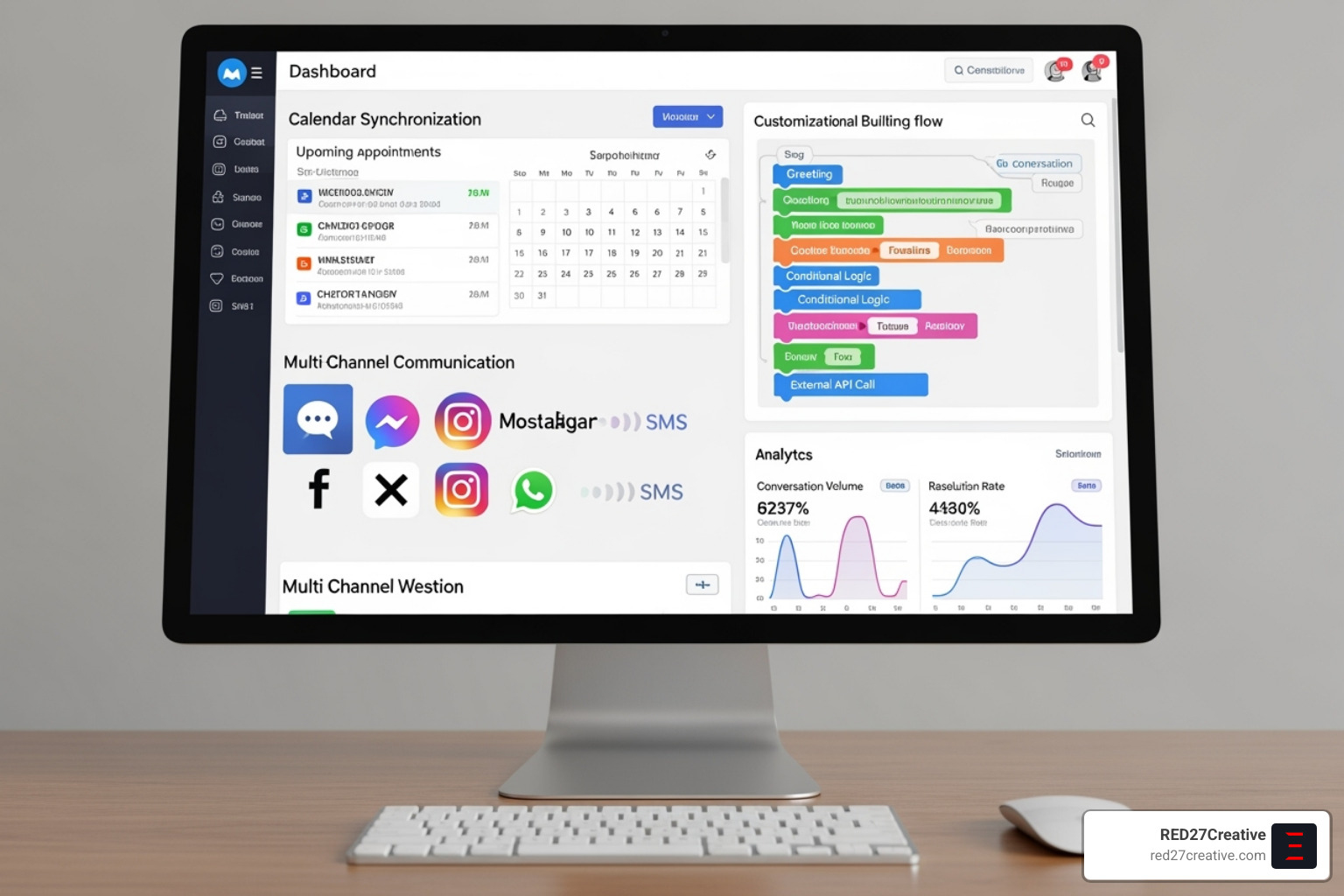 A detailed dashboard view of a chatbot platform, highlighting features like calendar synchronization, multi-channel support options (website, social media, SMS), customization tools for conversation flow, and analytics for performance tracking - Chatbot for appointment booking A detailed dashboard view of a chatbot platform, highlighting features like calendar synchronization, multi-channel support options (website, social media, SMS), customization tools for conversation flow, and analytics for performance tracking - Chatbot for appointment booking