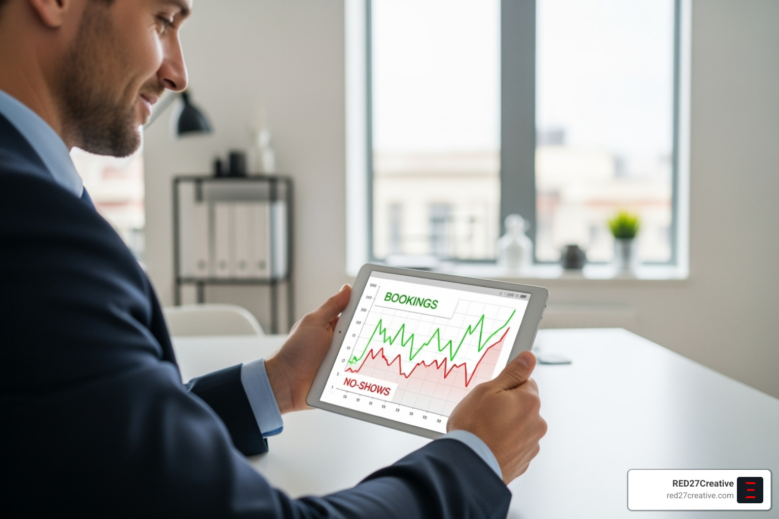 A business owner reviewing a graph on a tablet, showing positive trends in increased bookings and decreased no-shows, representing the successful performance of their chatbot implementation - Chatbot for appointment booking A business owner reviewing a graph on a tablet, showing positive trends in increased bookings and decreased no-shows, representing the successful performance of their chatbot implementation - Chatbot for appointment booking