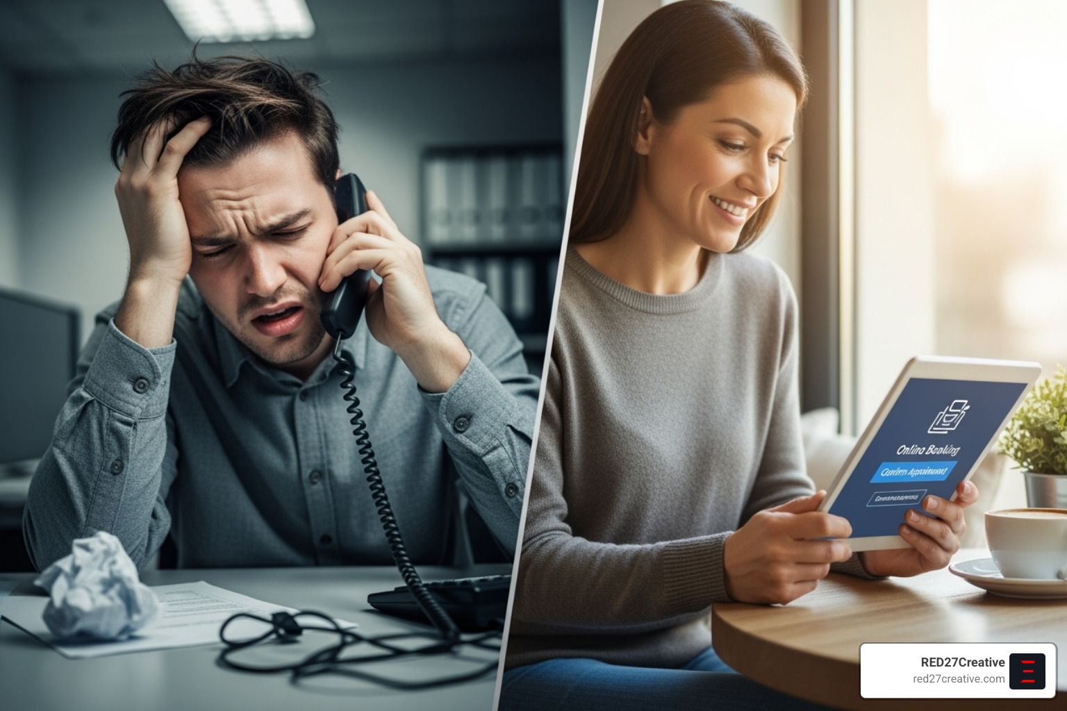 Split screen showing a frustrated person on a phone call on one side, and a happy customer easily booking an appointment online with a chatbot on the other side - Chatbot for appointment booking Split screen showing a frustrated person on a phone call on one side, and a happy customer easily booking an appointment online with a chatbot on the other side - Chatbot for appointment booking