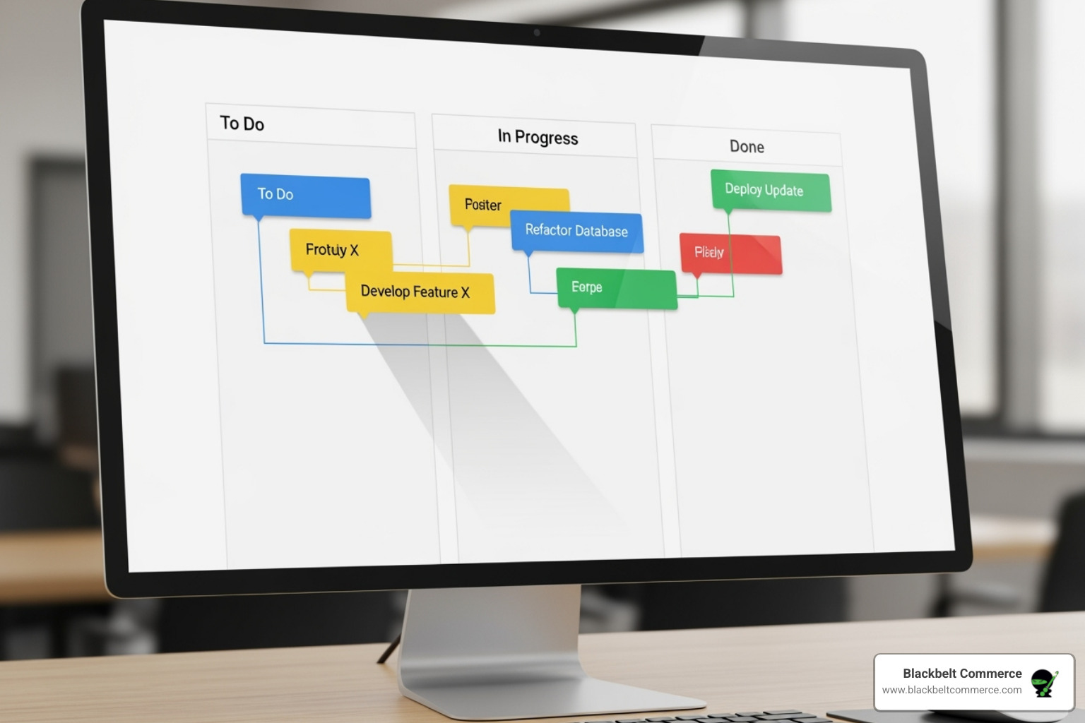 Digital Kanban board displaying columns for "To Do", "In Progress", and "Done" with various task cards moved between them, illustrating workflow visualization - E-commerce project management