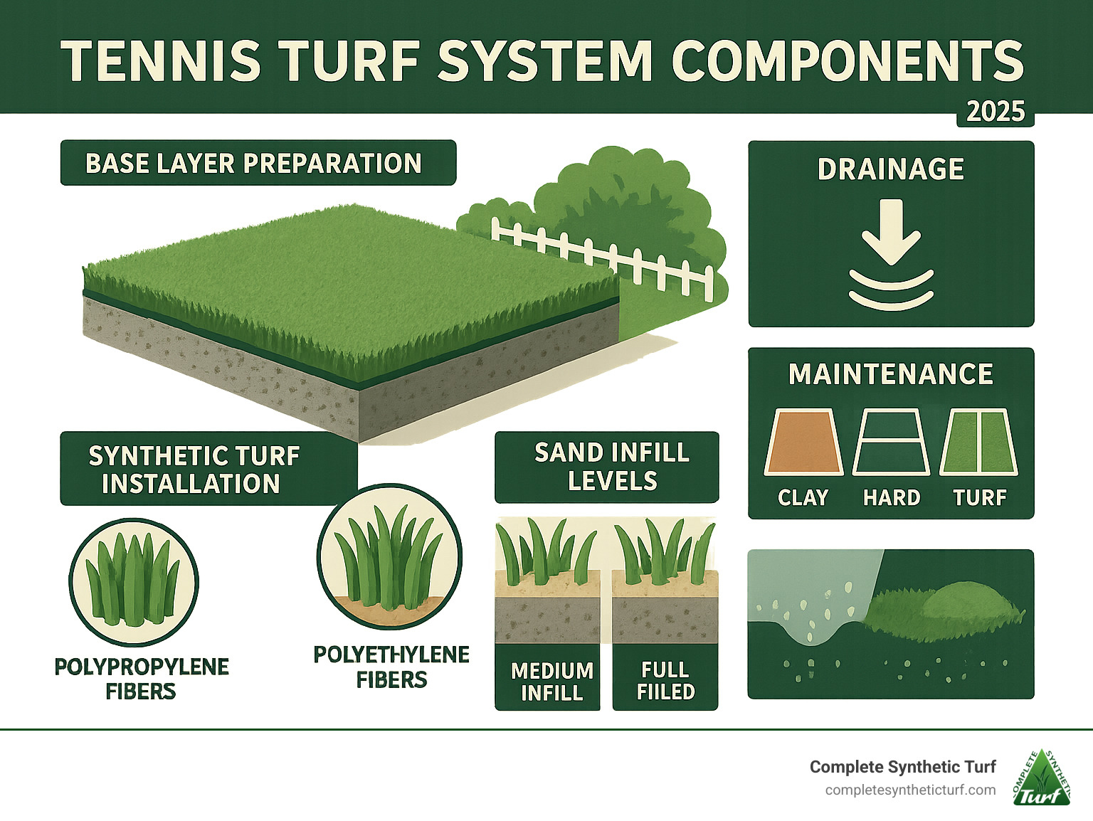 Infographic showing tennis turf system components including base layer preparation, synthetic turf installation with polypropylene or polyethylene fibers, sand infill levels from light dress to full sand-filled systems, drainage capabilities, and maintenance requirements compared to traditional clay and hard court surfaces - tennis turf infographic 