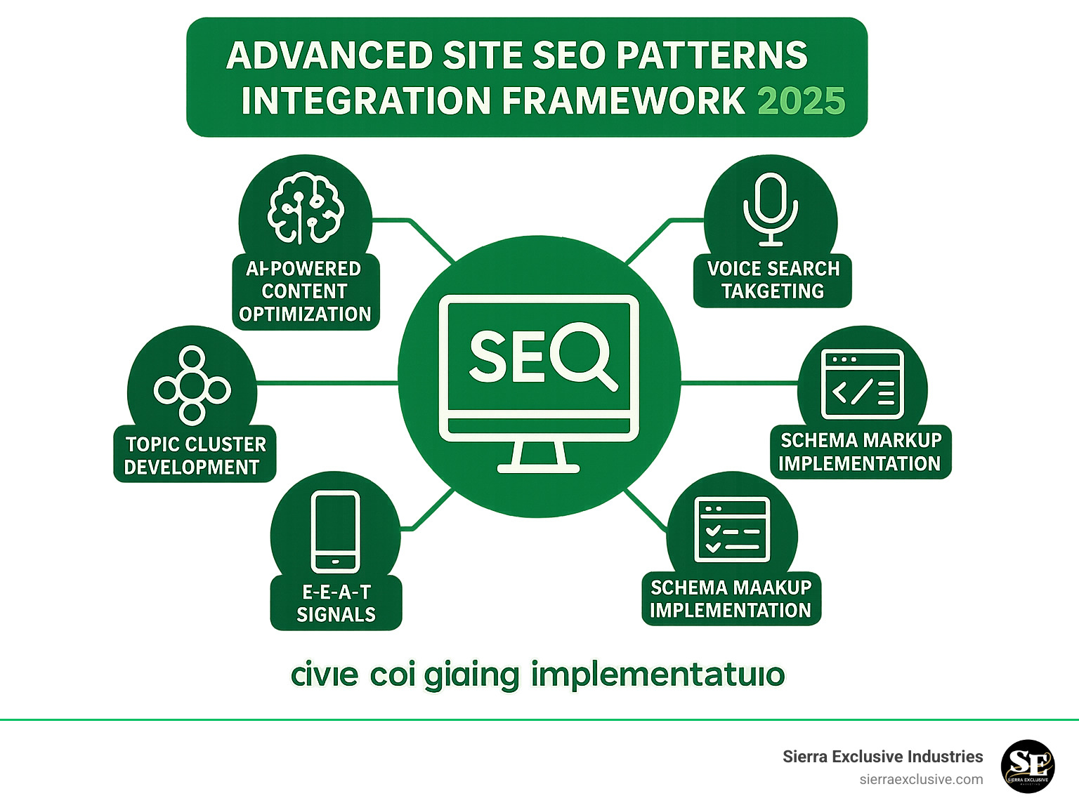 Advanced Site SEO Patterns Integration Framework showing AI-powered content optimization, voice search targeting, Core Web Vitals optimization, schema markup implementation, mobile-first design, topic cluster development, and E-E-A-T signals working together to create a comprehensive SEO strategy that drives organic traffic and conversions in 2025 - cutting-edge site seo patterns infographic 