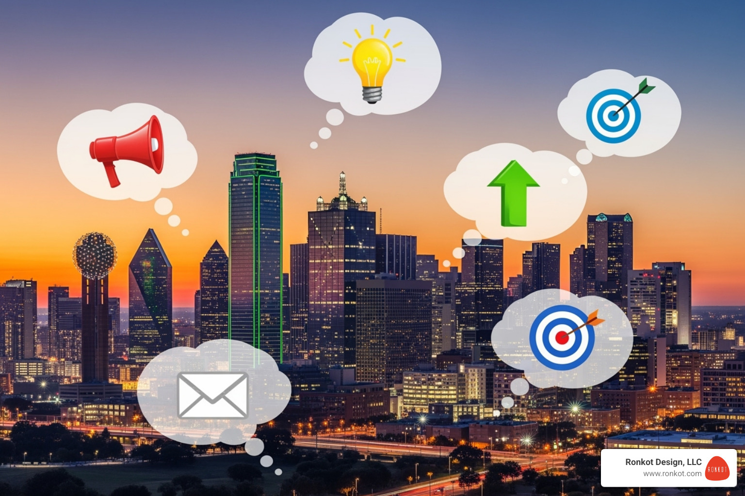 Dallas skyline with thought bubbles about marketing ideas - postcard printing dallas tx Dallas skyline with thought bubbles about marketing ideas - postcard printing dallas tx