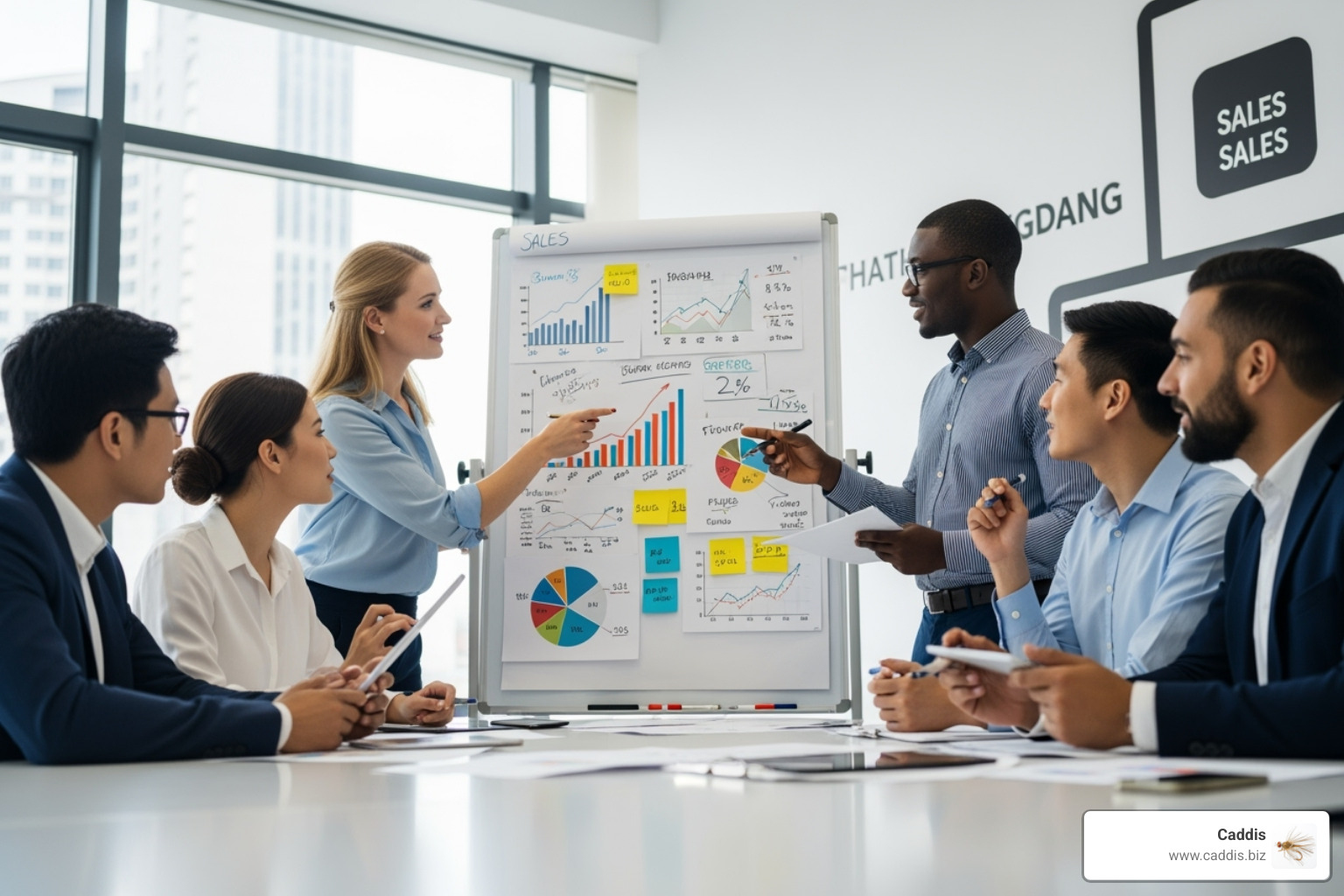 Sales team collaborating around a whiteboard with charts and graphs - sales team performance tracking