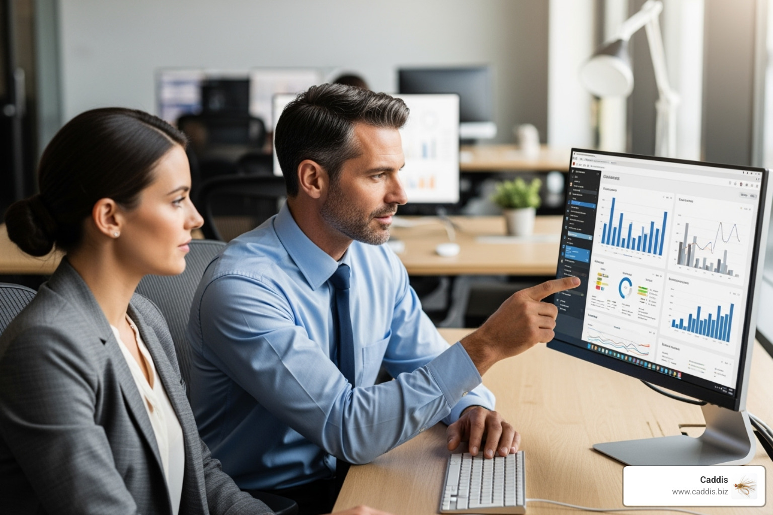 Sales manager in a 1-on-1 coaching session with a rep, pointing to data on a screen - sales team performance tracking