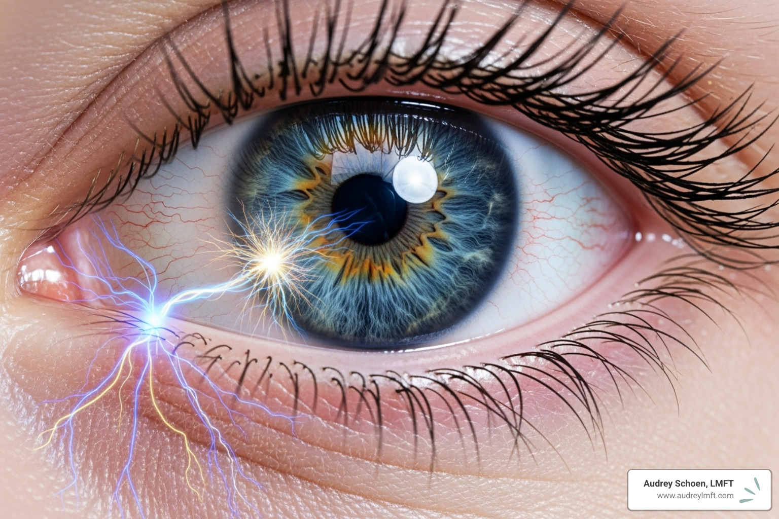 illustrating the concept of a "brainspot" with eye gaze and a neural pathway - brainspotting for emotional reactivity