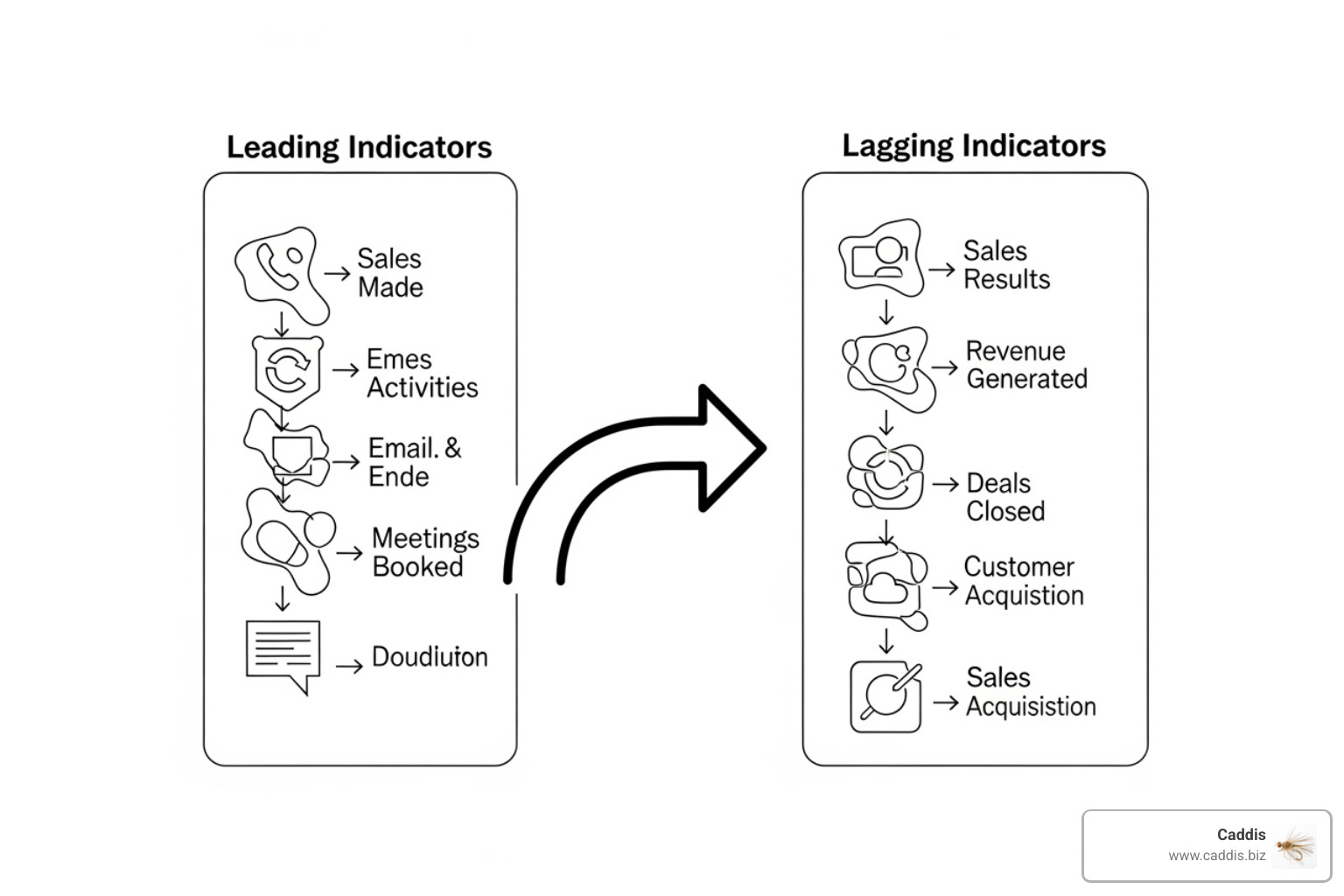 Flowchart separating leading and lagging indicators in sales - sales team performance tracking