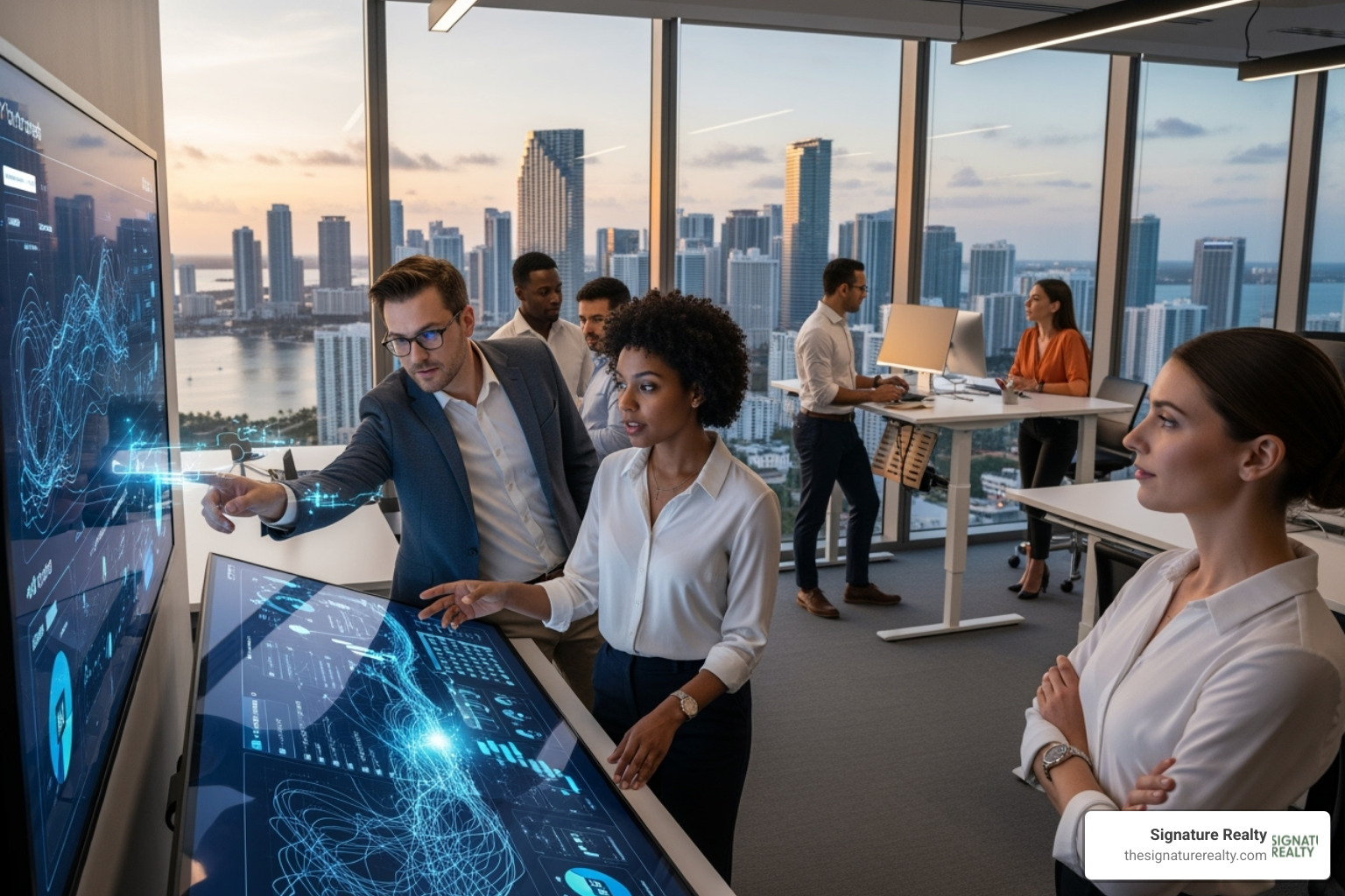 Image of Signature Realty team collaborating, using data analysis and an AI tool on a large screen, with the Miami skyline in the background, symbolizing their expertise in the local market - shared office space downtown miami Image of Signature Realty team collaborating, using data analysis and an AI tool on a large screen, with the Miami skyline in the background, symbolizing their expertise in the local market - shared office space downtown miami