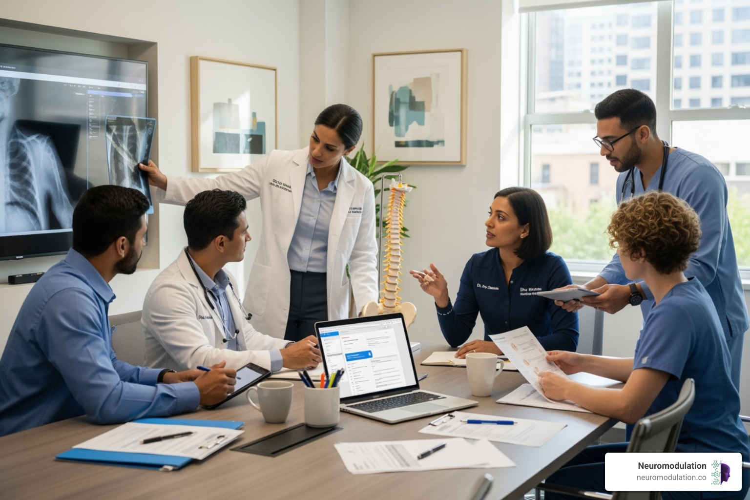A multidisciplinary team of healthcare professionals collaborating on a patient's pain management plan, including doctors, therapists, and mental health specialists - Chronic pain solutions