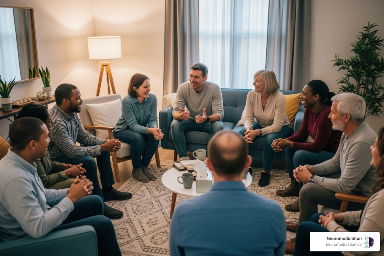 of a diverse group of people in a support group setting, talking and smiling - Chronic pain solutions