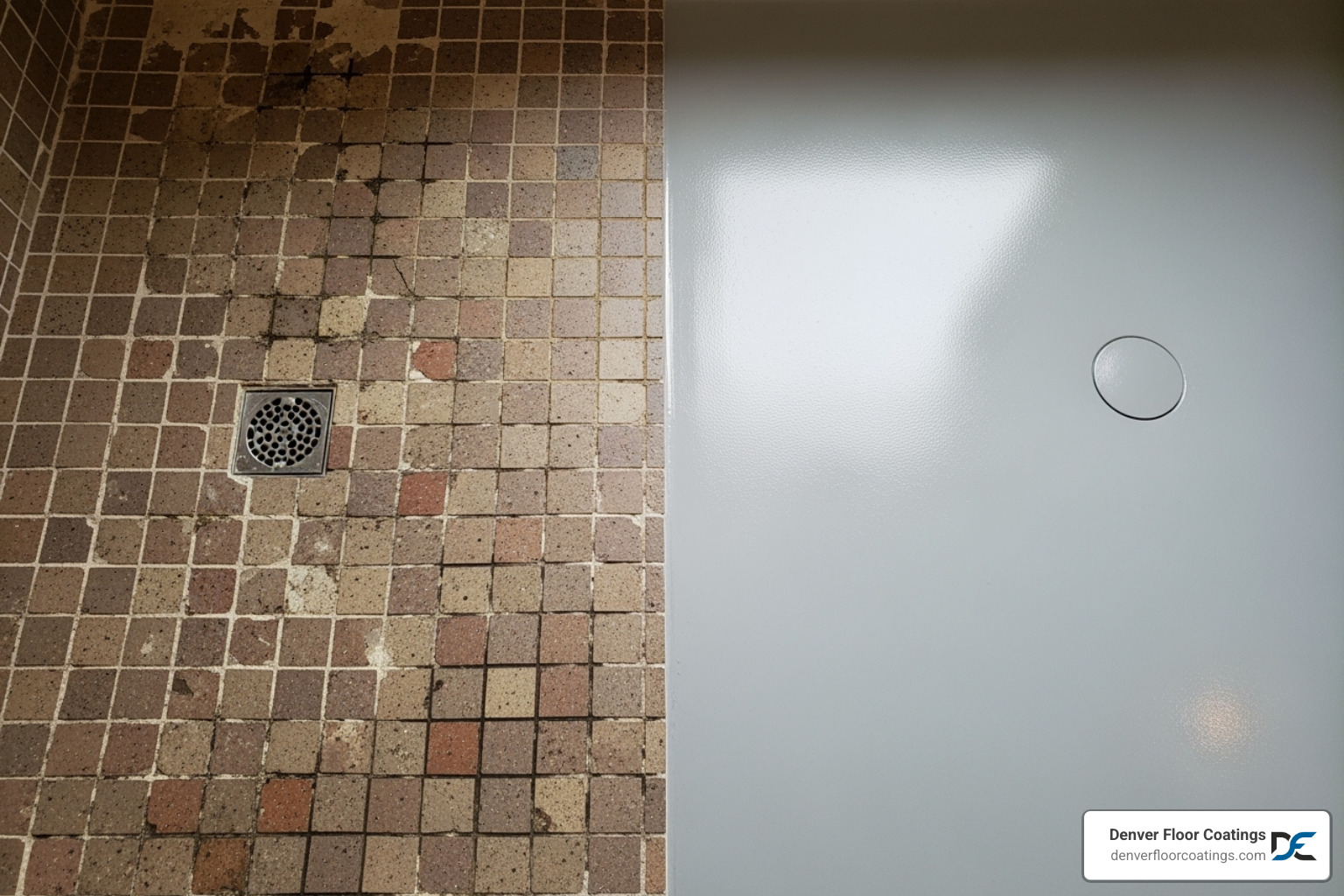 grout-heavy mosaic tile floor contrasted with a clean, seamless coated floor - best low maintenance shower floor grout-heavy mosaic tile floor contrasted with a clean, seamless coated floor - best low maintenance shower floor