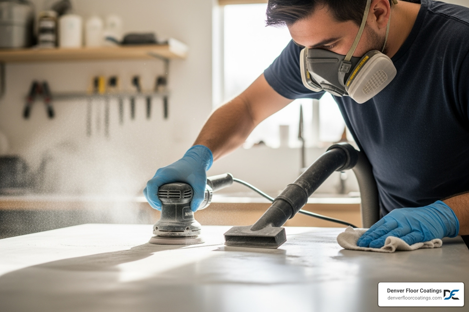 person wearing gloves and a mask while preparing a concrete surface for dyeing - concrete countertop dye