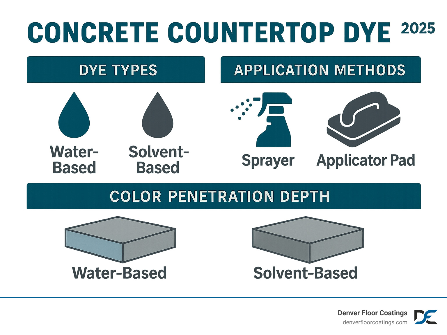 Infographic showing concrete countertop dye types, application methods, and color penetration depths for water-based vs solvent-based options - concrete countertop dye infographic 